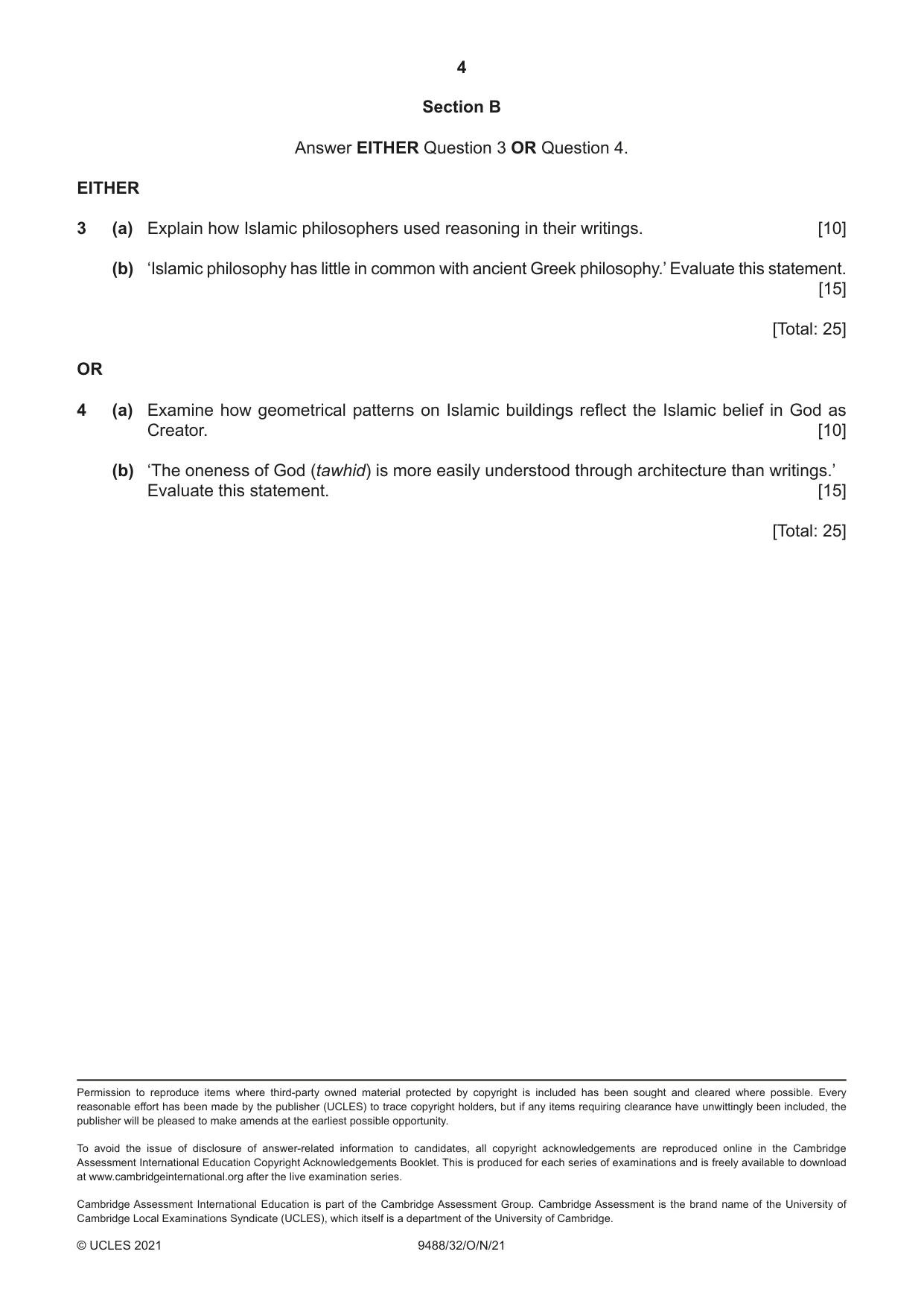 Cambridge A Level Islamic Studies 9488 2021 Oct/Nov Paper 3 · Variant 2 question paper, page 4 of 4