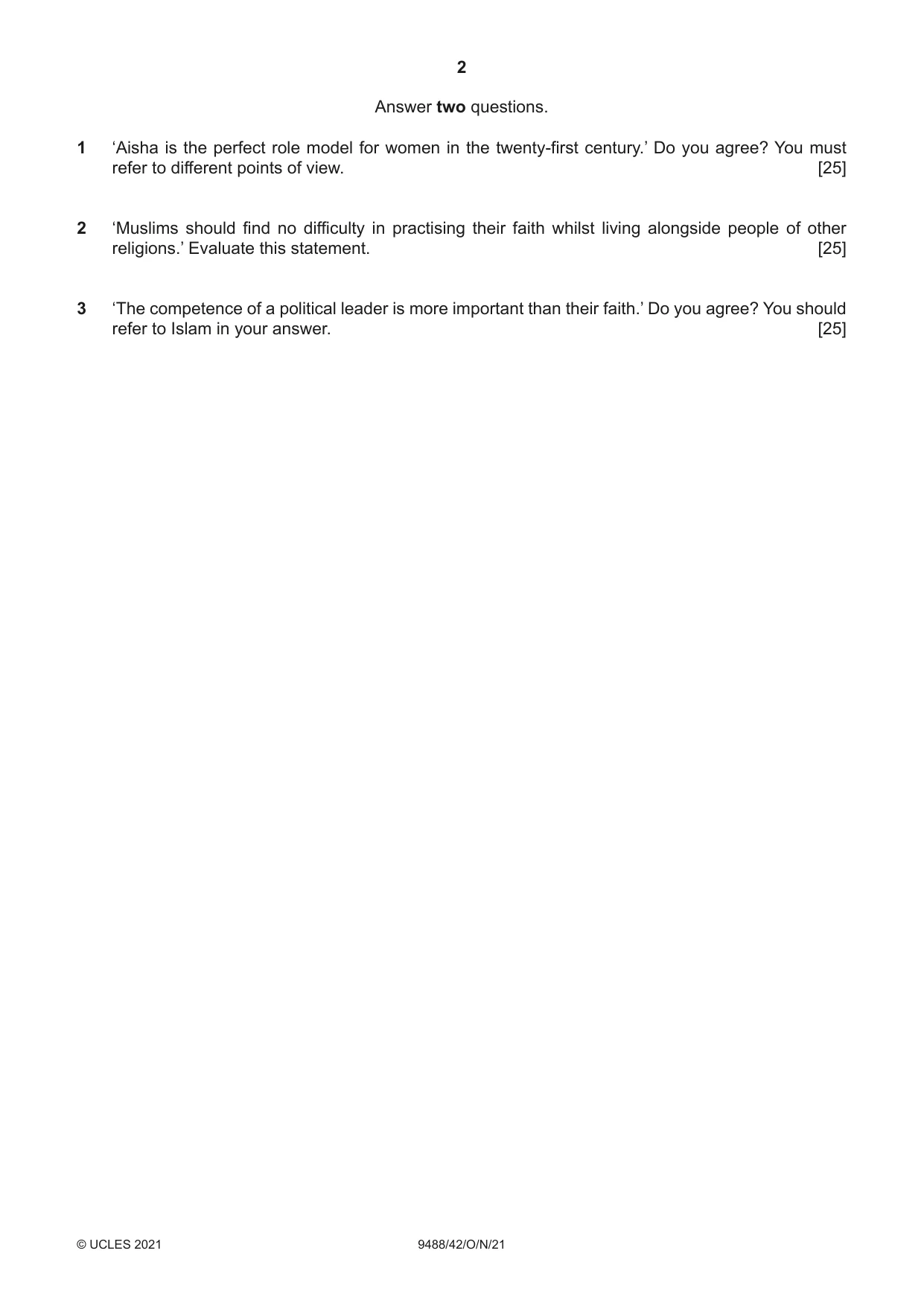 Cambridge A Level Islamic Studies 9488 2021 Oct/Nov Paper 4 · Variant 2 question paper, page 2 of 4