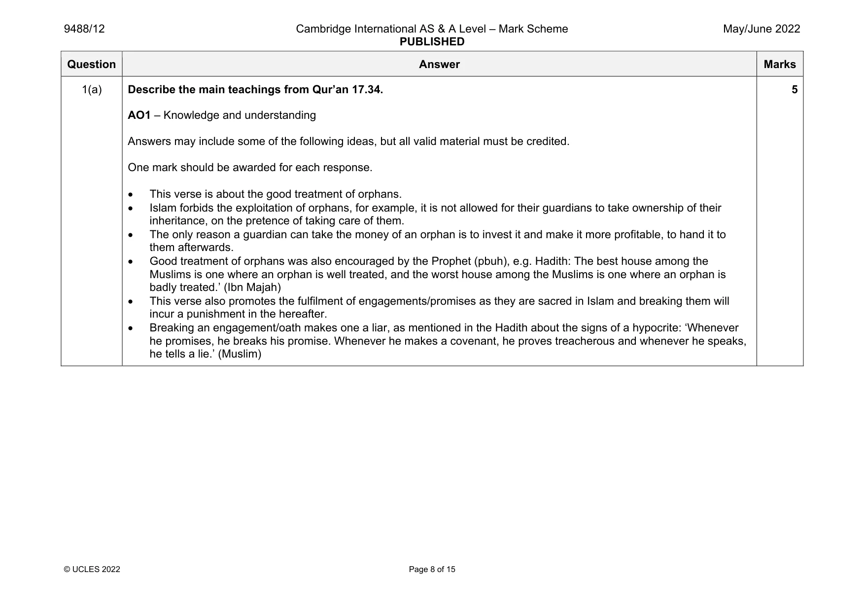 Mark scheme, page 8 of 15