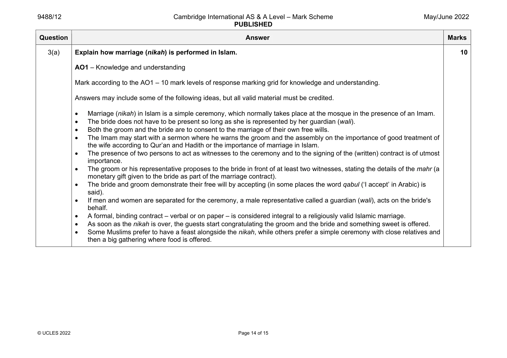 Mark scheme, page 14 of 15