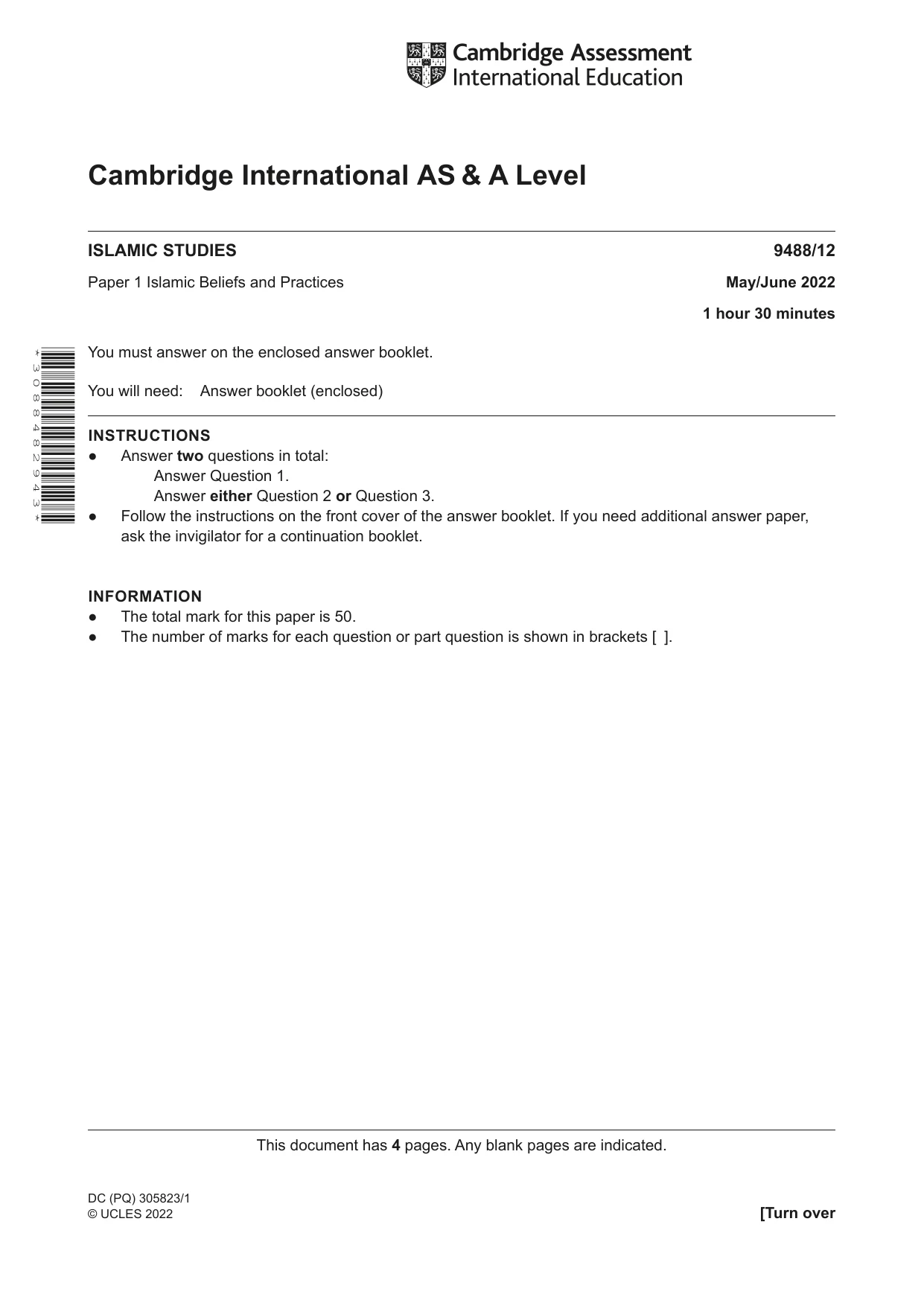 Cambridge A Level Islamic Studies 9488 2022 May/June Paper 1 · Variant 2 question paper, page 1 of 4