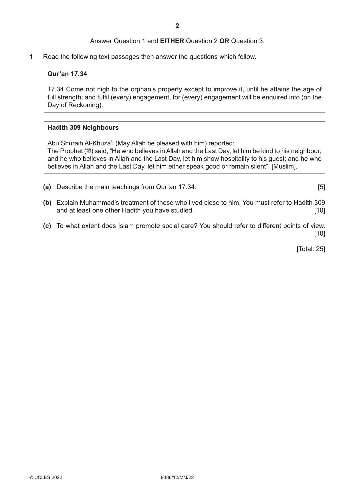 Cambridge A Level Islamic Studies 9488 2022 May/June Paper 1 · Variant 2 question paper, page 2 of 4