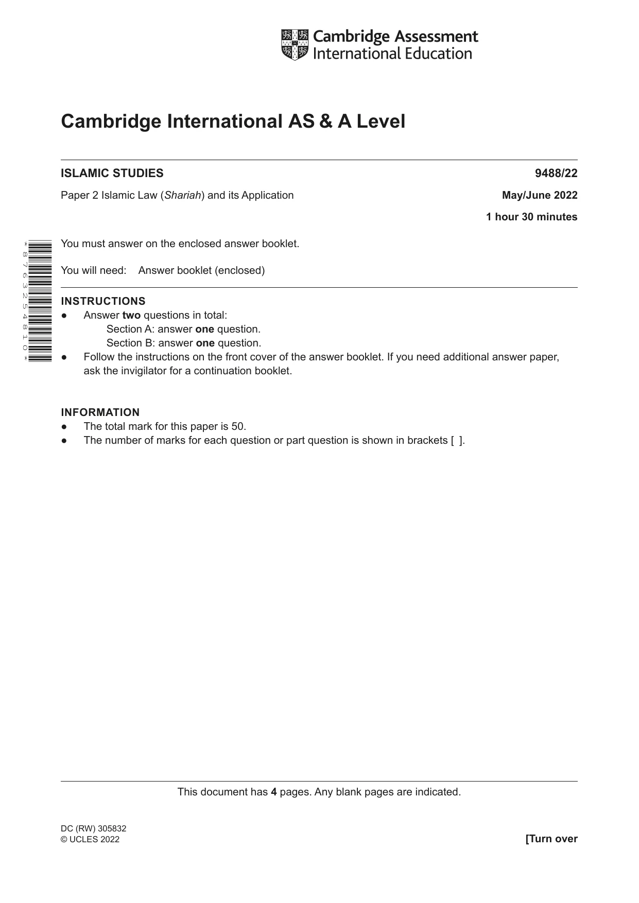 Cambridge A Level Islamic Studies 9488 2022 May/June Paper 2 · Variant 2 question paper, page 1 of 4