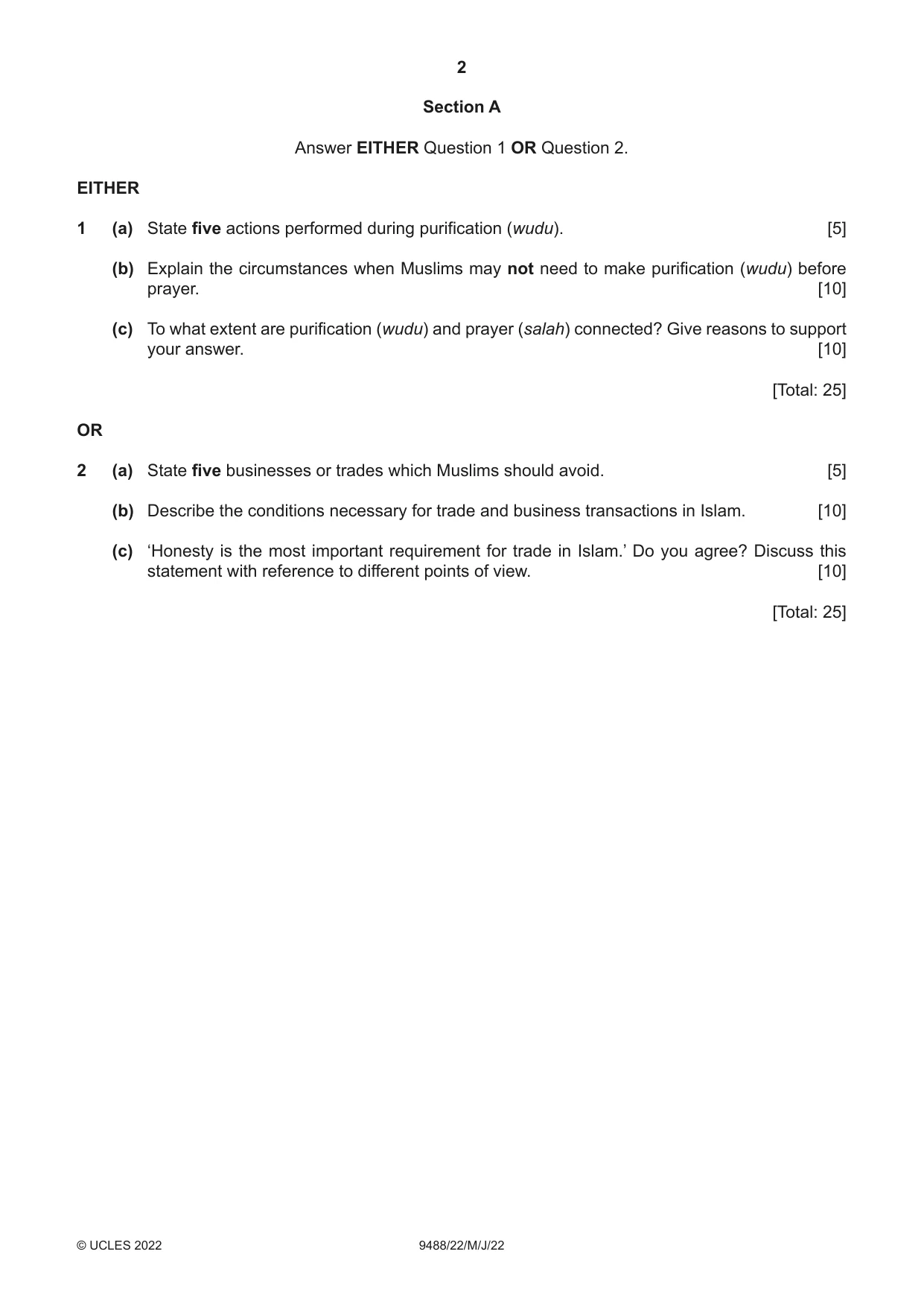 Cambridge A Level Islamic Studies 9488 2022 May/June Paper 2 · Variant 2 question paper, page 2 of 4