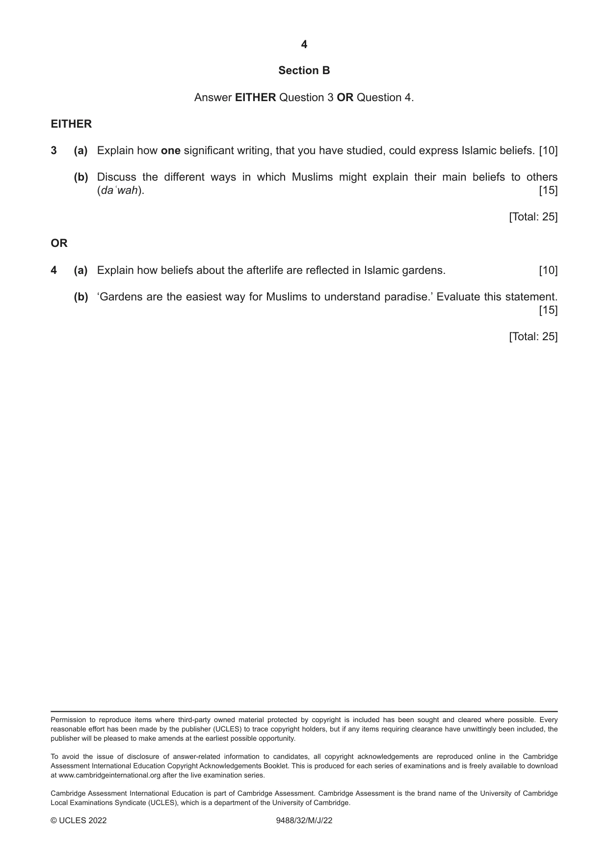 Cambridge A Level Islamic Studies 9488 2022 May/June Paper 3 · Variant 2 question paper, page 4 of 4