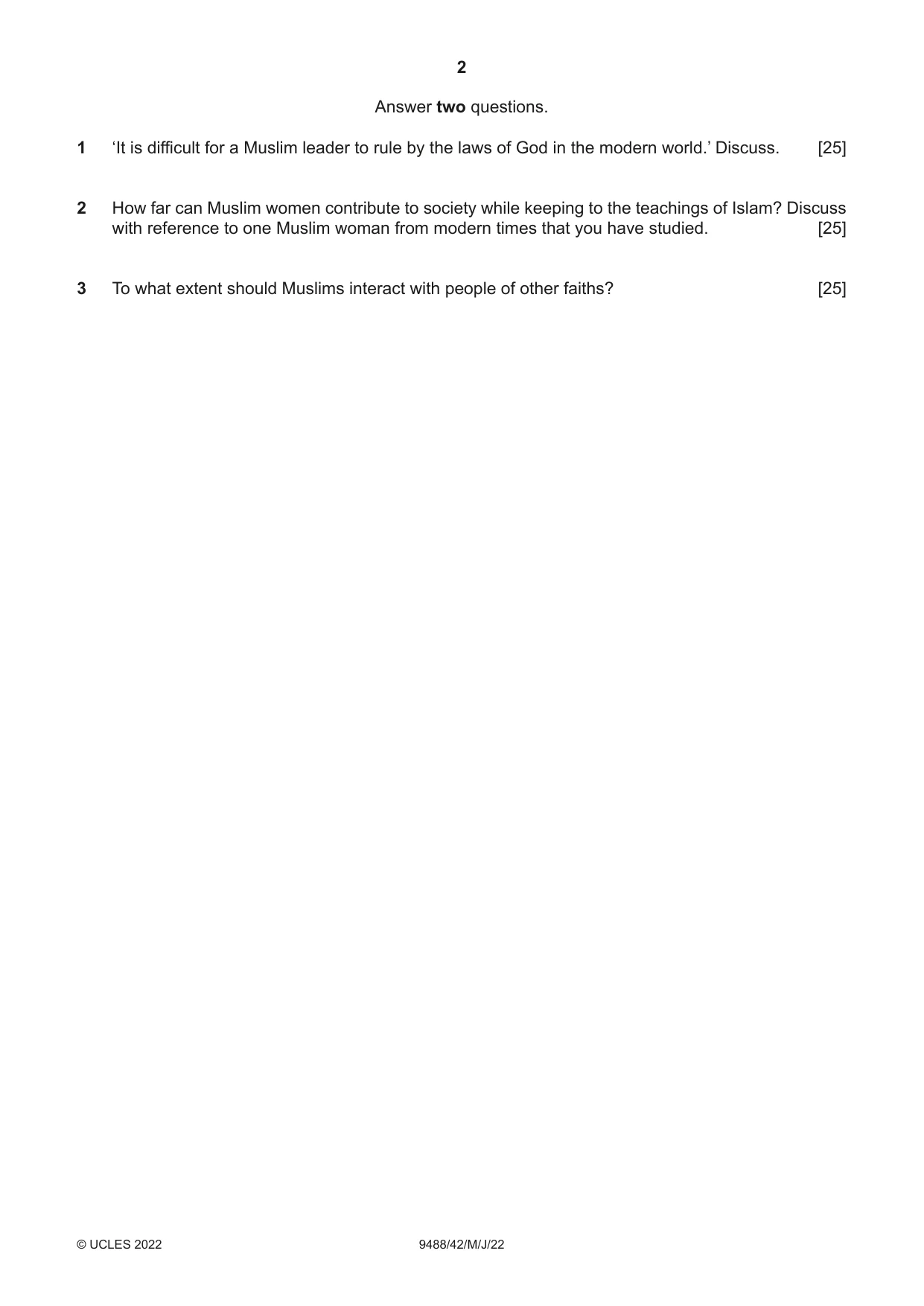 Cambridge A Level Islamic Studies 9488 2022 May/June Paper 4 · Variant 2 question paper, page 2 of 4