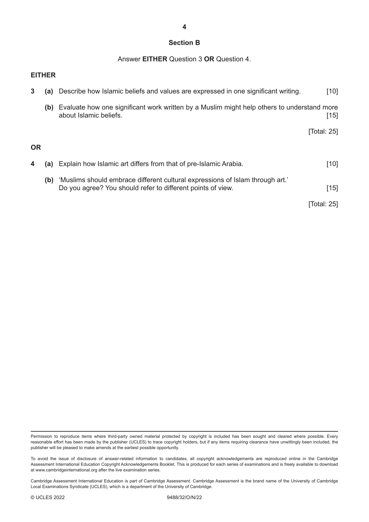 Cambridge A Level Islamic Studies 9488 2022 Oct/Nov Paper 3 · Variant 2 question paper, page 4 of 4