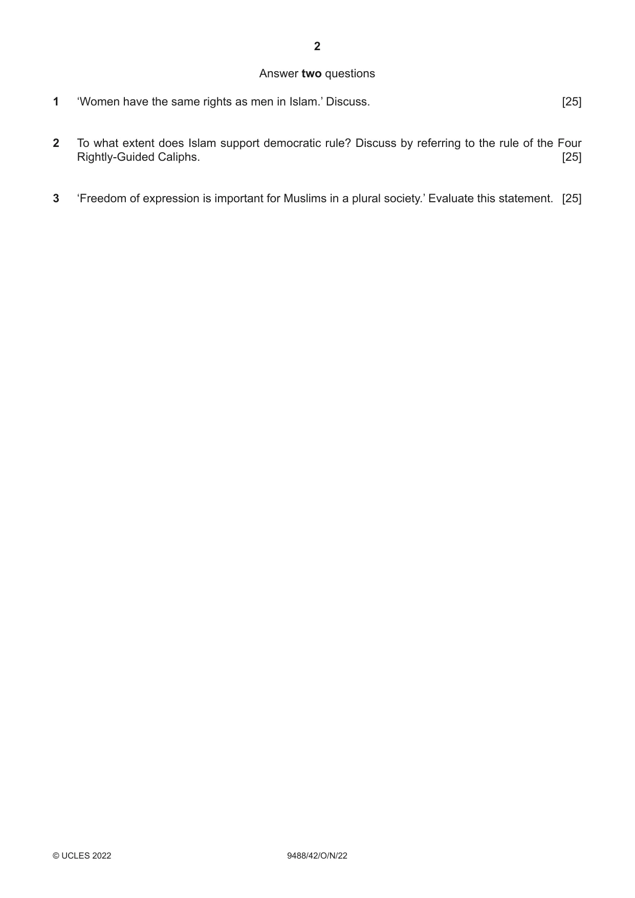 Cambridge A Level Islamic Studies 9488 2022 Oct/Nov Paper 4 · Variant 2 question paper, page 2 of 4