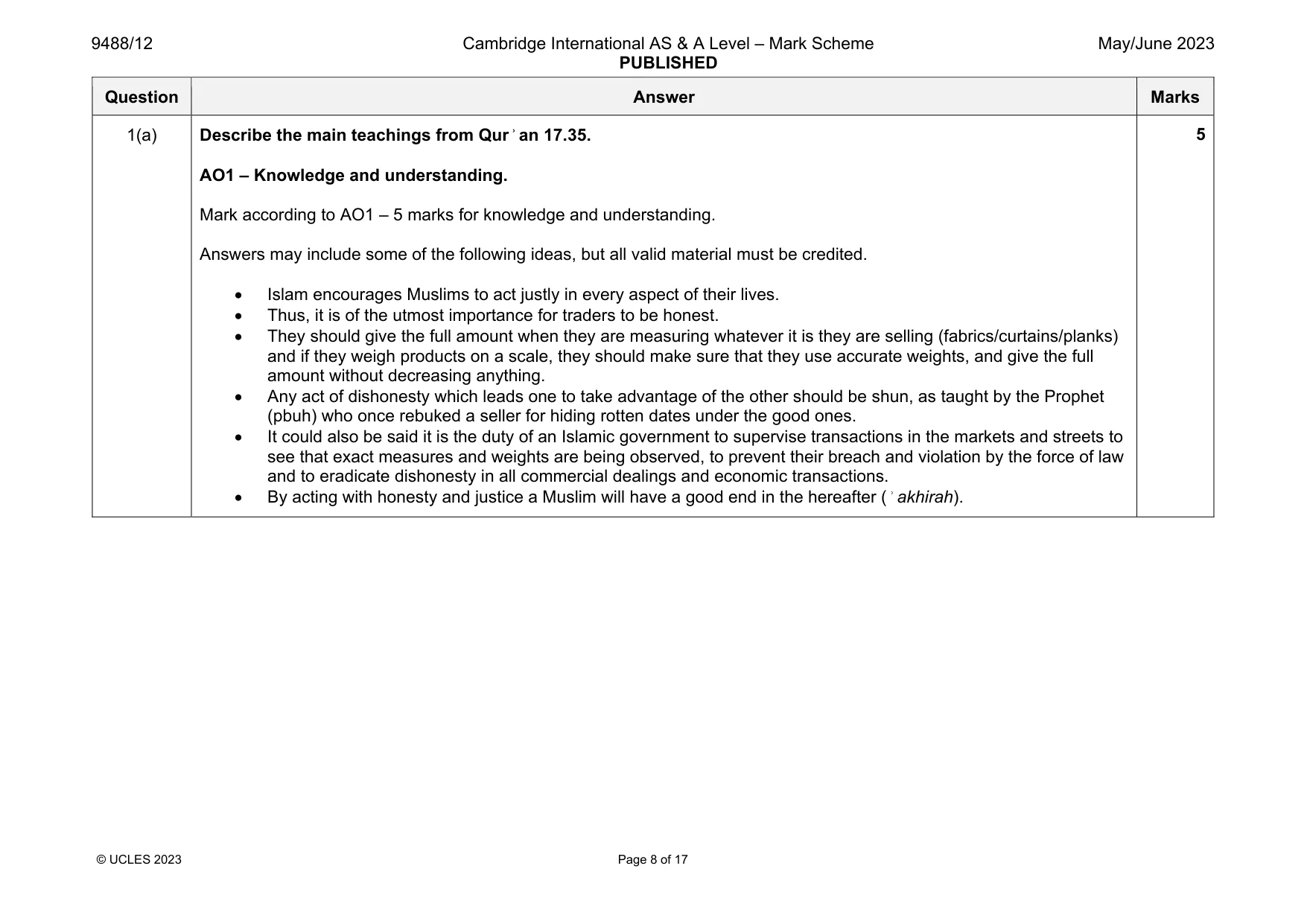 Mark scheme, page 8 of 17