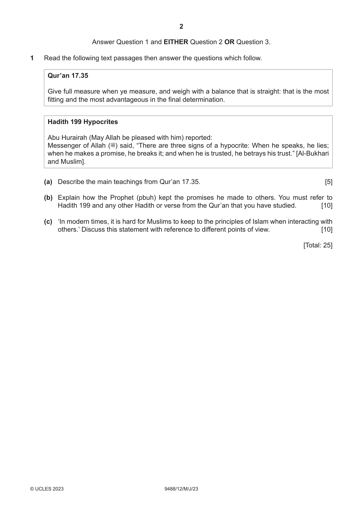 Cambridge A Level Islamic Studies 9488 2023 May/June Paper 1 · Variant 2 question paper, page 2 of 4