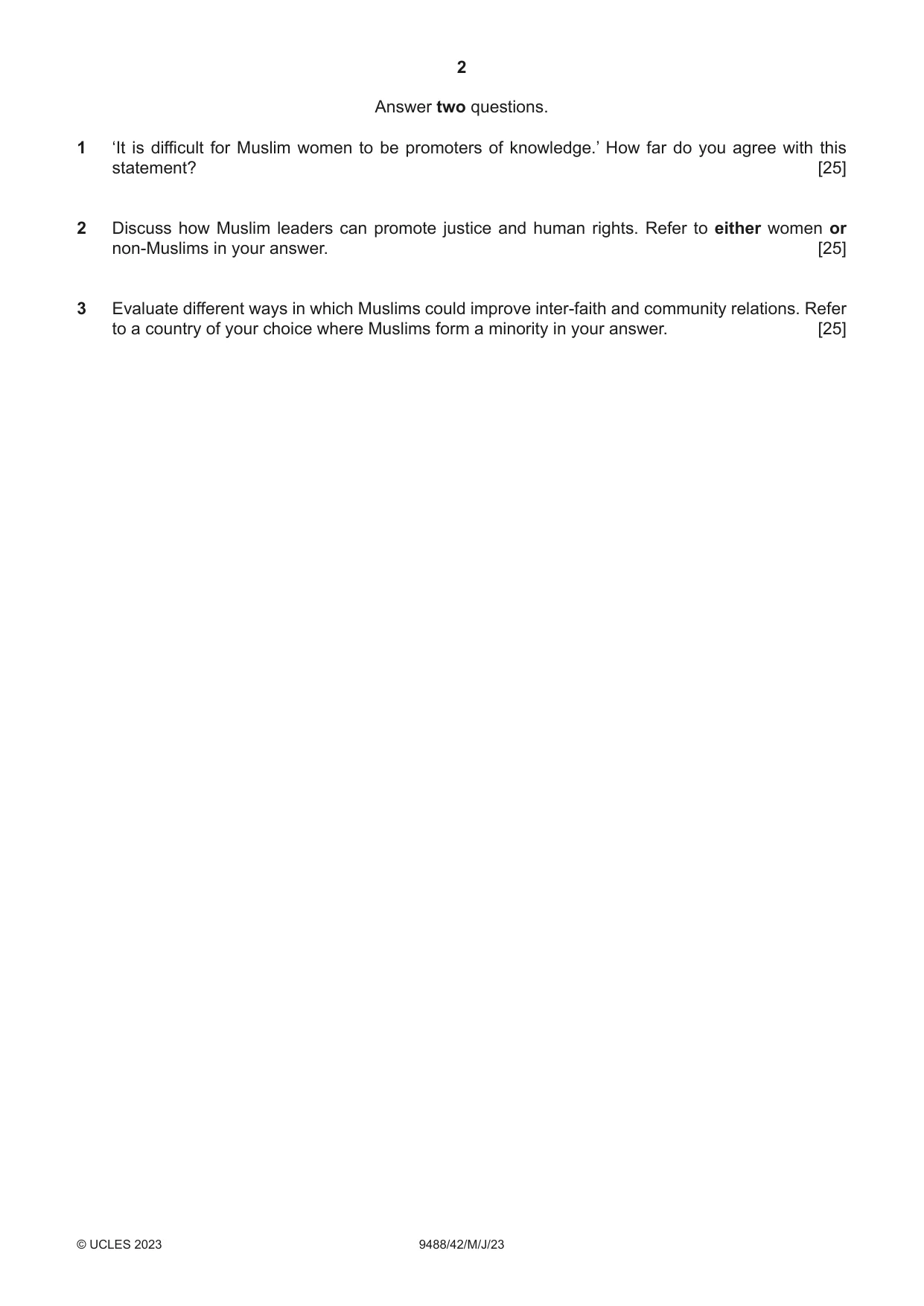 Cambridge A Level Islamic Studies 9488 2023 May/June Paper 4 · Variant 2 question paper, page 2 of 4