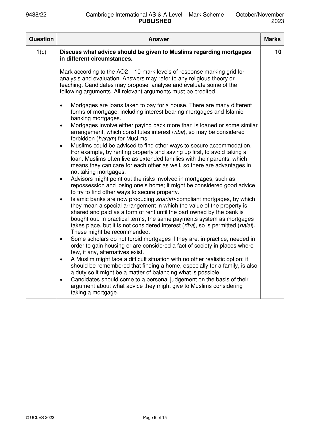 Mark scheme, page 9 of 15
