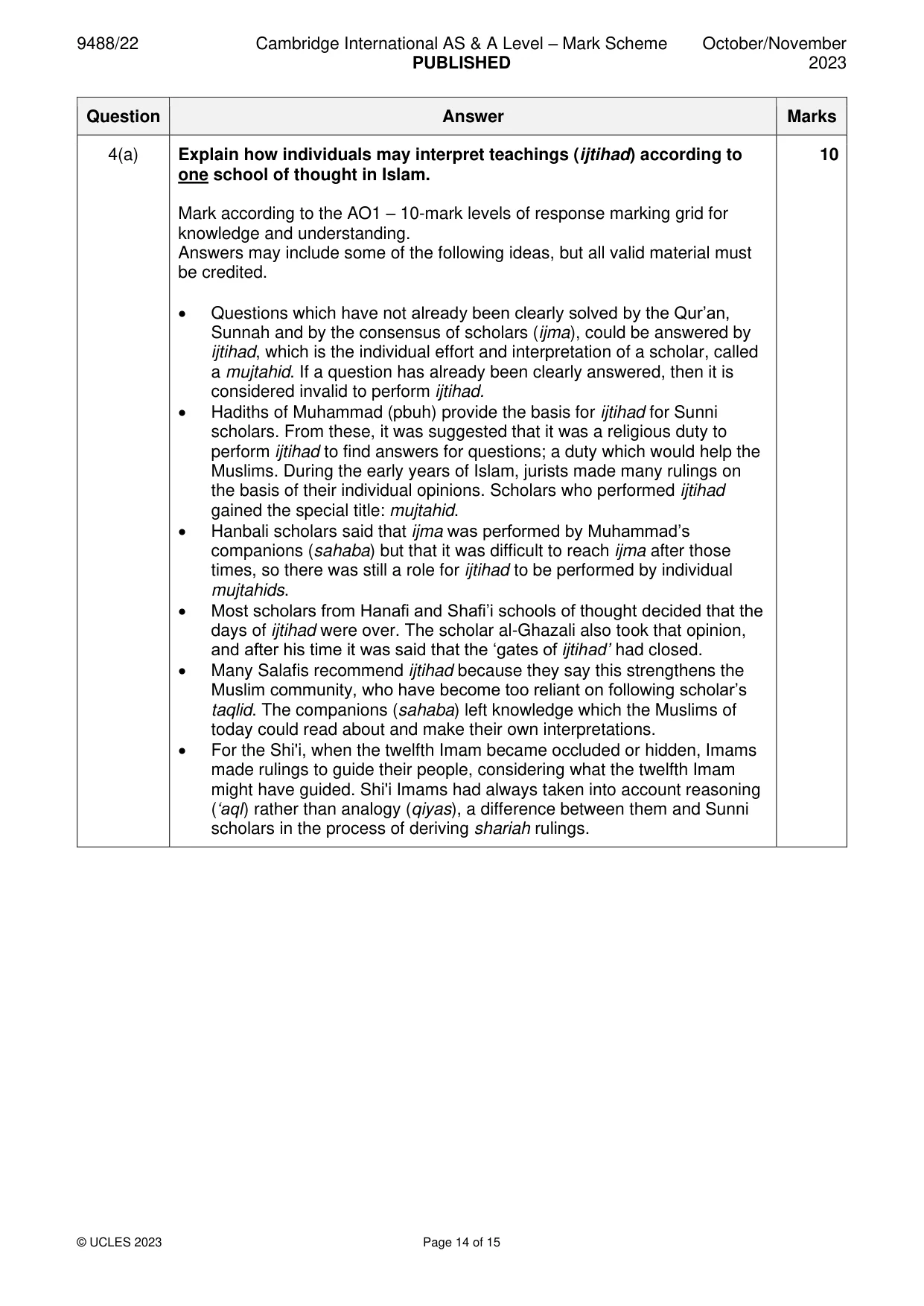 Mark scheme, page 14 of 15