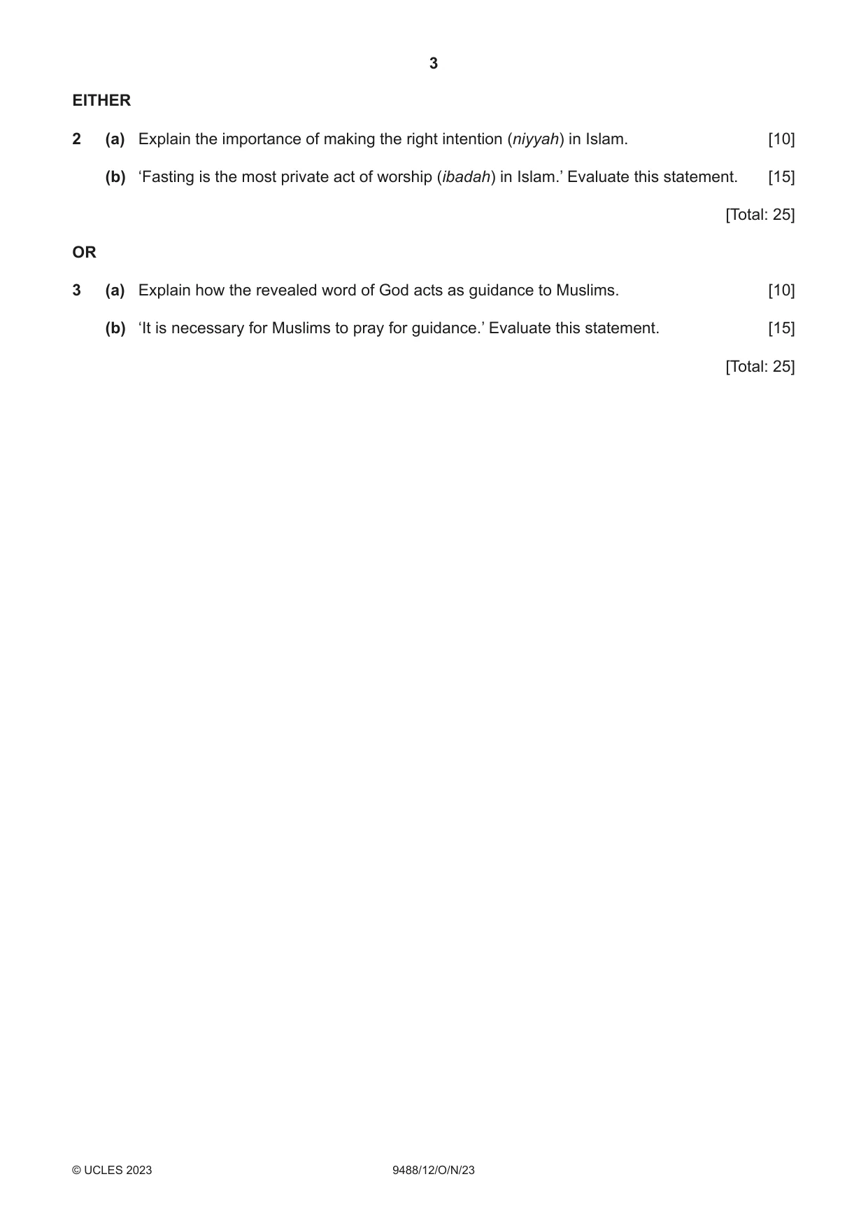 Cambridge A Level Islamic Studies 9488 2023 Oct/Nov Paper 1 · Variant 2 question paper, page 3 of 4