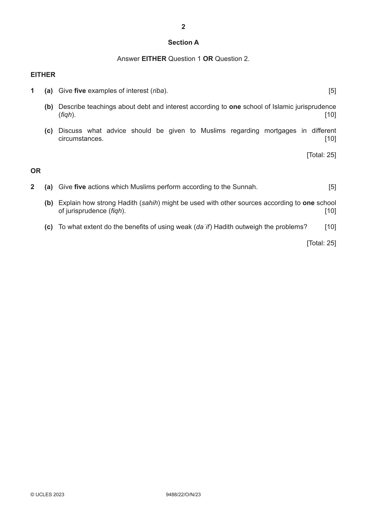 Cambridge A Level Islamic Studies 9488 2023 Oct/Nov Paper 2 · Variant 2 question paper, page 2 of 4