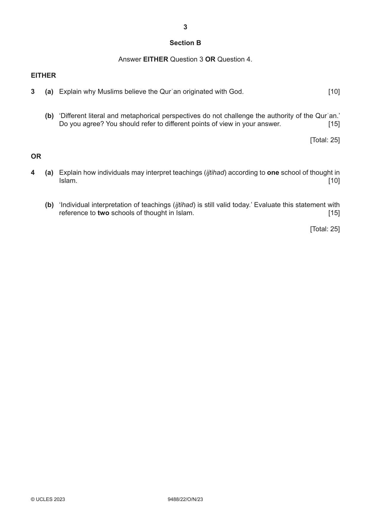 Cambridge A Level Islamic Studies 9488 2023 Oct/Nov Paper 2 · Variant 2 question paper, page 3 of 4