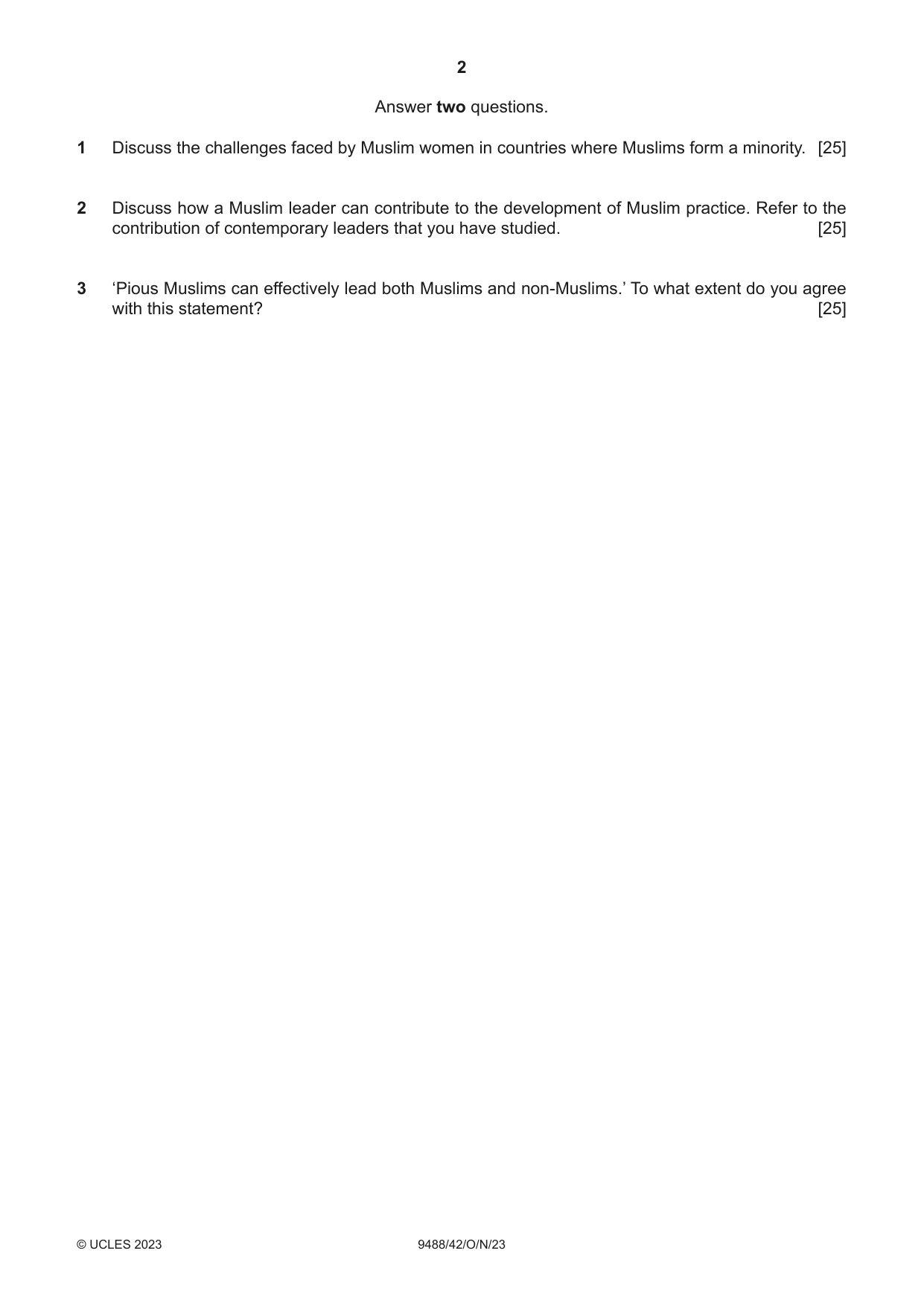 Cambridge A Level Islamic Studies 9488 2023 Oct/Nov Paper 4 · Variant 2 question paper, page 2 of 4