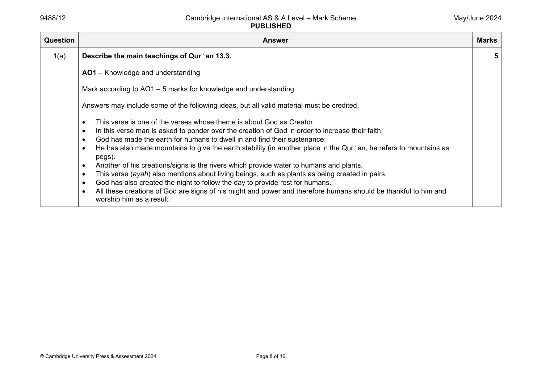 Mark scheme, page 8 of 16