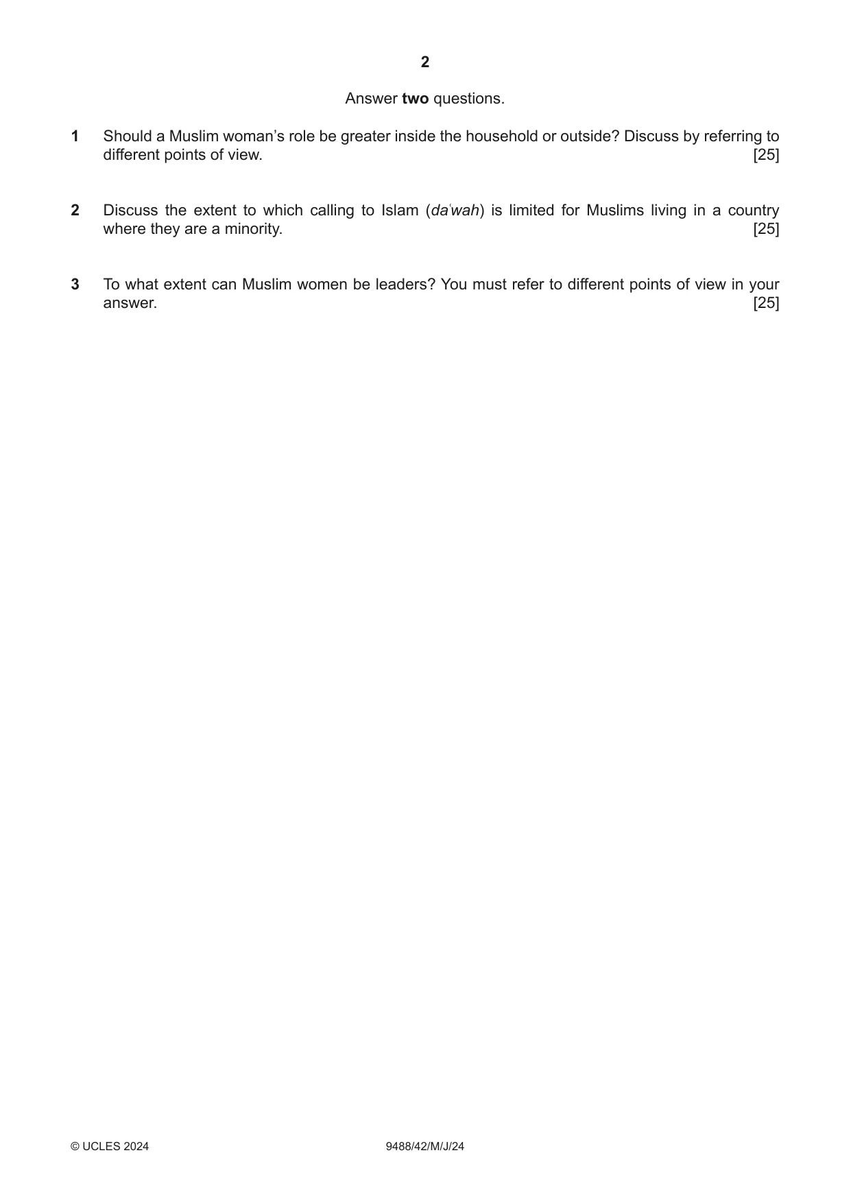 Cambridge A Level Islamic Studies 9488 2024 May/June Paper 4 · Variant 2 question paper, page 2 of 4