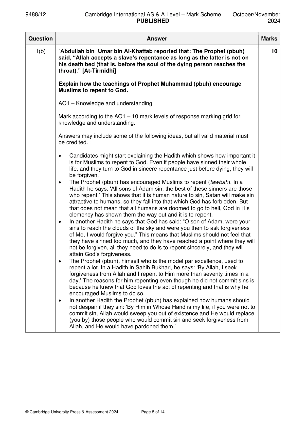 Mark scheme, page 8 of 14