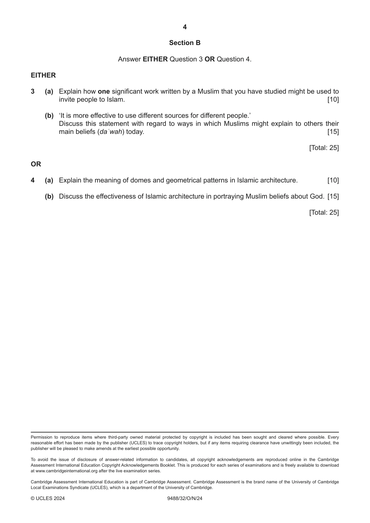 Cambridge A Level Islamic Studies 9488 2024 Oct/Nov Paper 3 · Variant 2 question paper, page 4 of 4