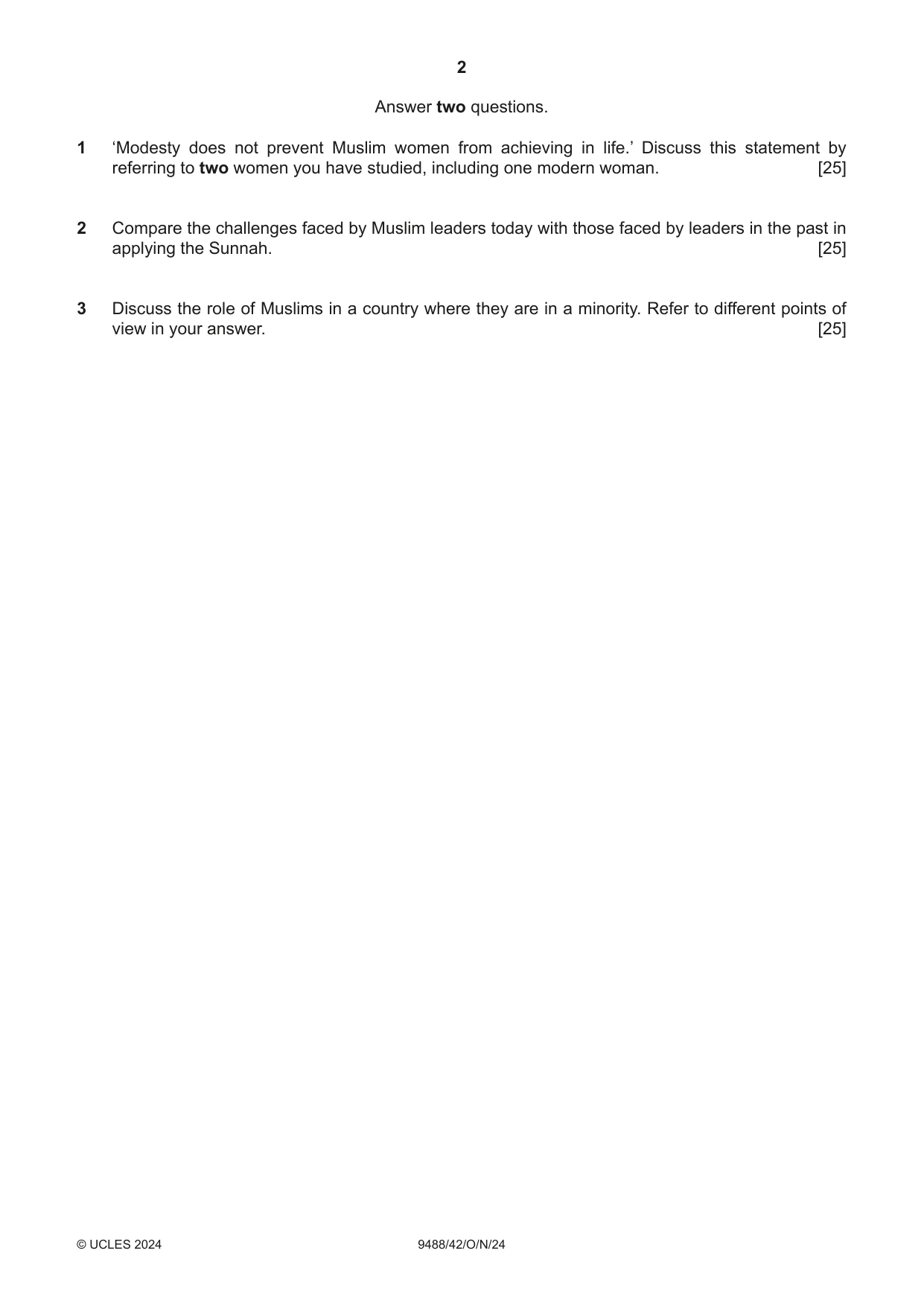 Cambridge A Level Islamic Studies 9488 2024 Oct/Nov Paper 4 · Variant 2 question paper, page 2 of 4