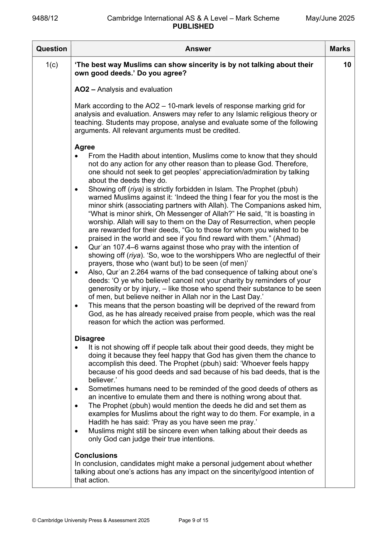 Mark scheme, page 9 of 15