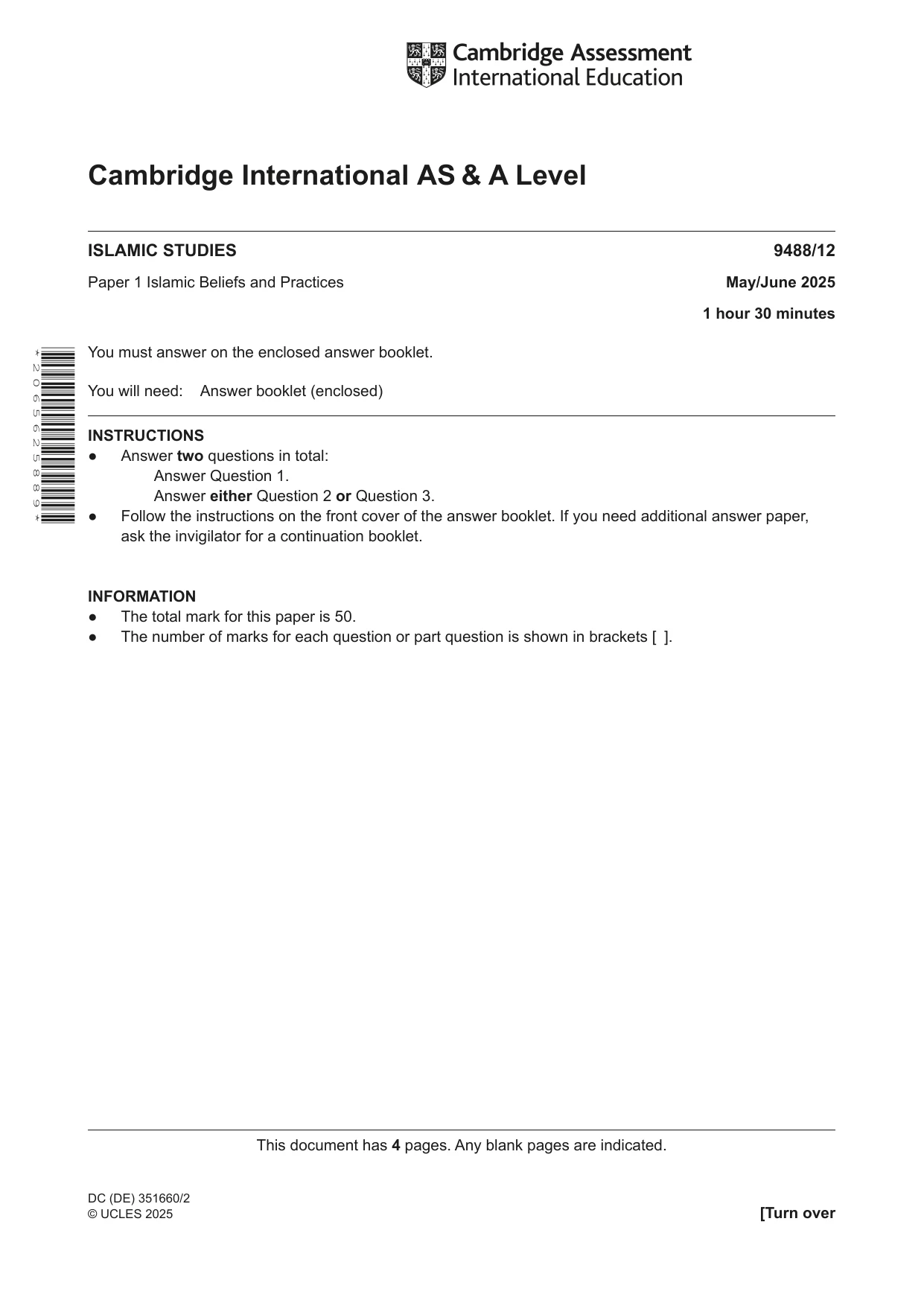 Cambridge A Level Islamic Studies 9488 2025 May/June Paper 1 · Variant 2 question paper, page 1 of 4