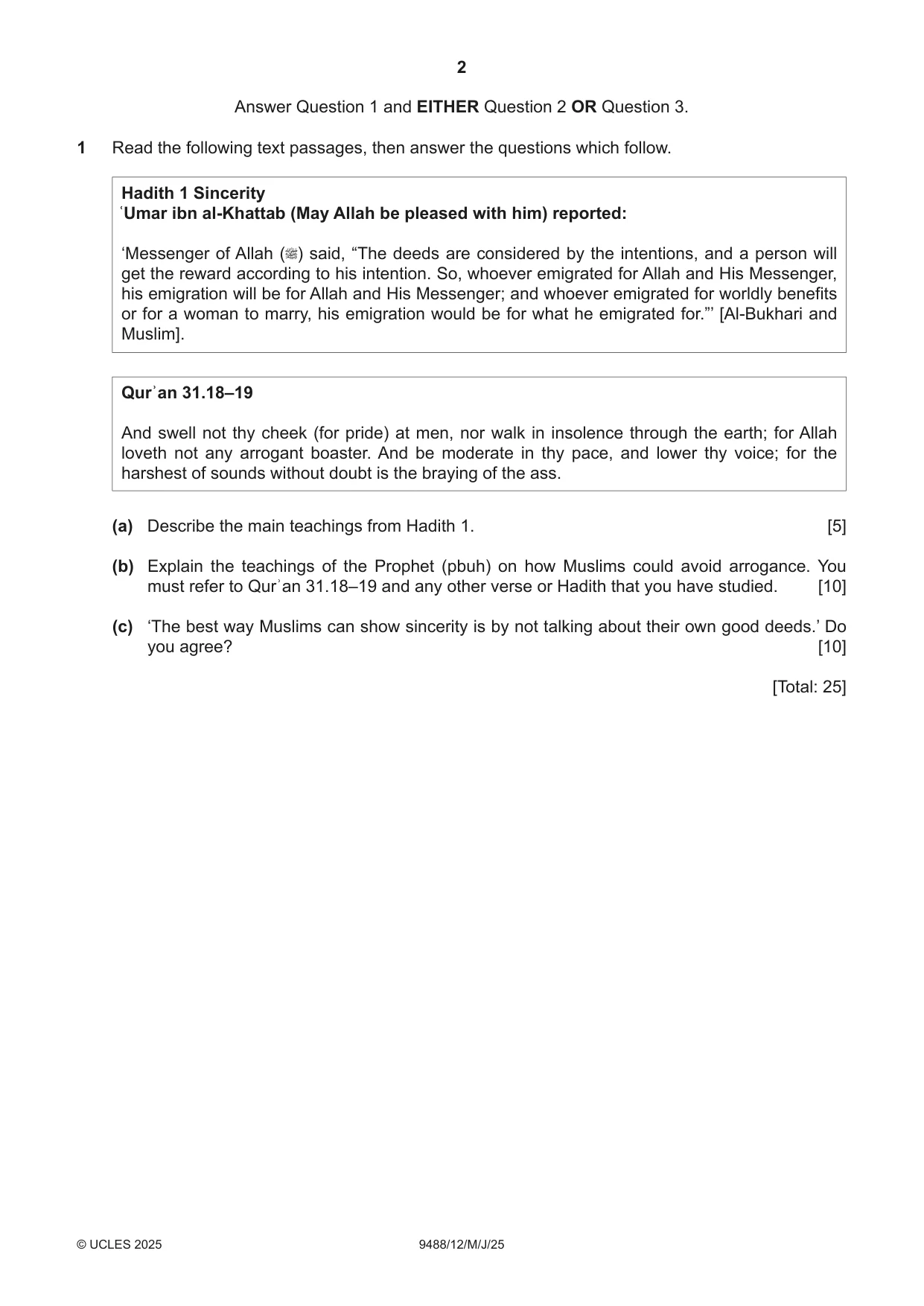 Cambridge A Level Islamic Studies 9488 2025 May/June Paper 1 · Variant 2 question paper, page 2 of 4