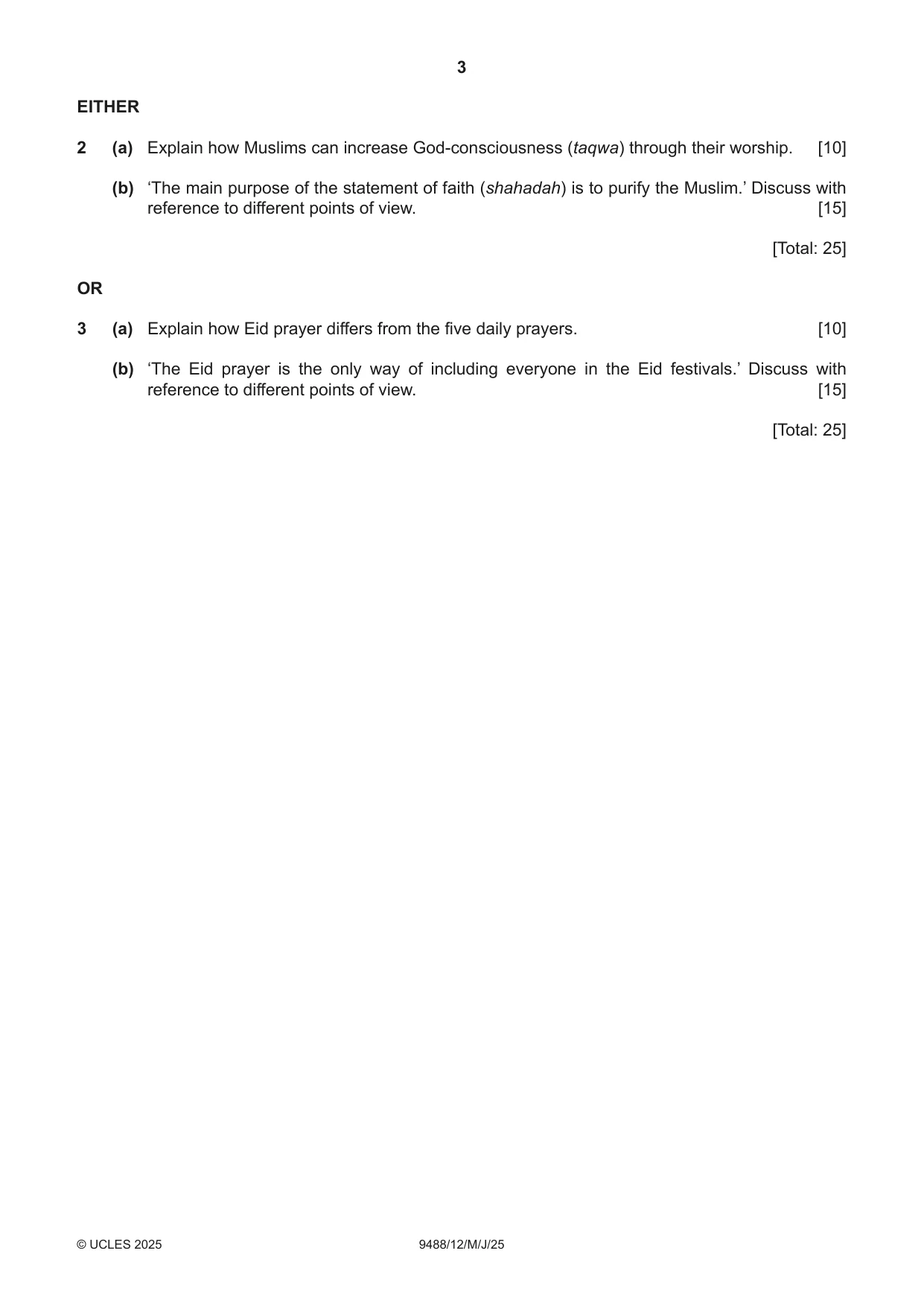 Cambridge A Level Islamic Studies 9488 2025 May/June Paper 1 · Variant 2 question paper, page 3 of 4