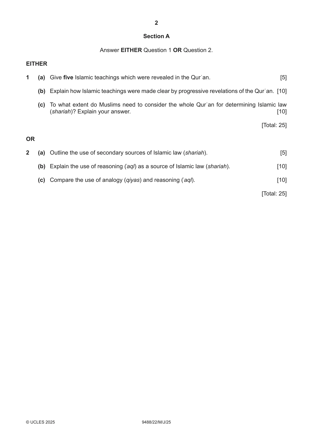 Cambridge A Level Islamic Studies 9488 2025 May/June Paper 2 · Variant 2 question paper, page 2 of 4