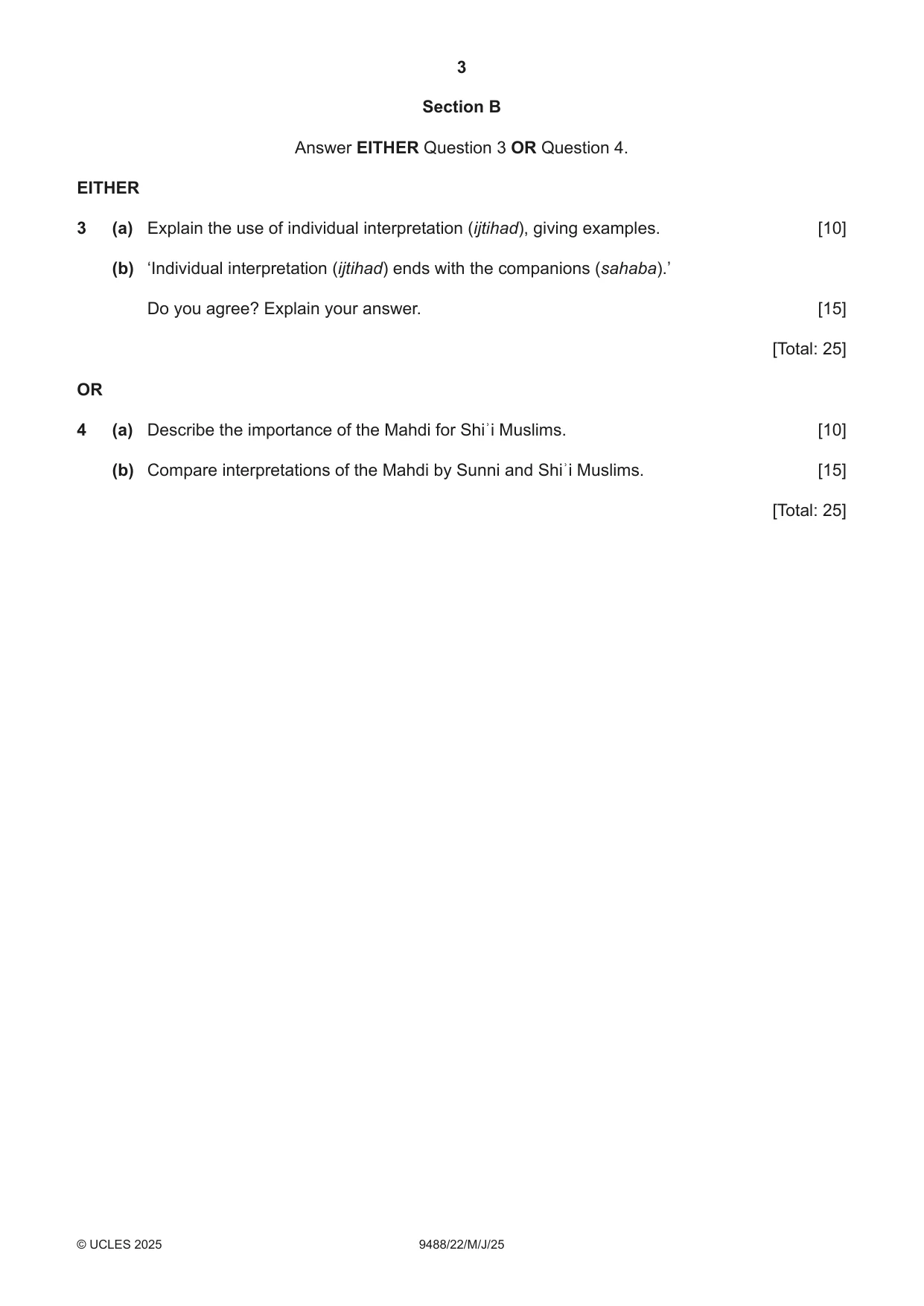 Cambridge A Level Islamic Studies 9488 2025 May/June Paper 2 · Variant 2 question paper, page 3 of 4
