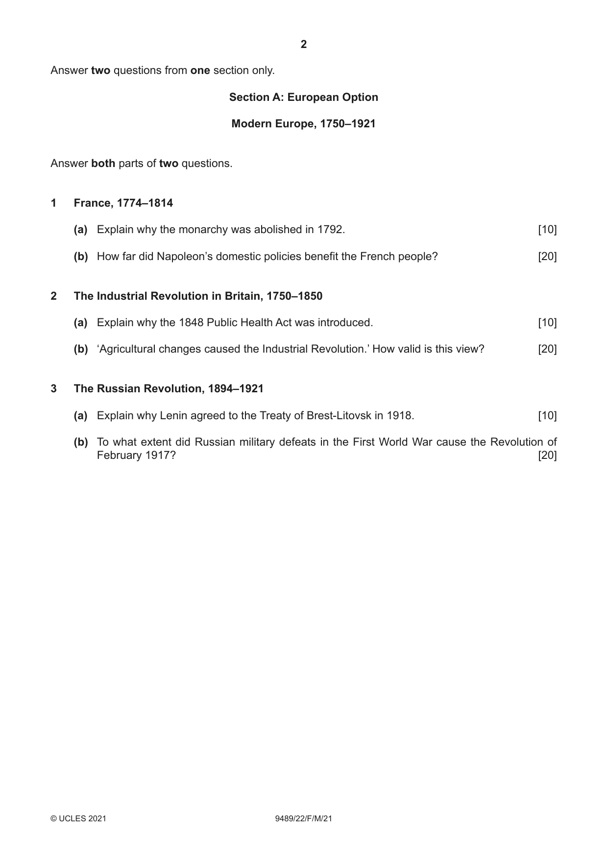 Cambridge A Level History 9489 2021 Feb/March Paper 2 · Variant 2 question paper, page 2 of 4
