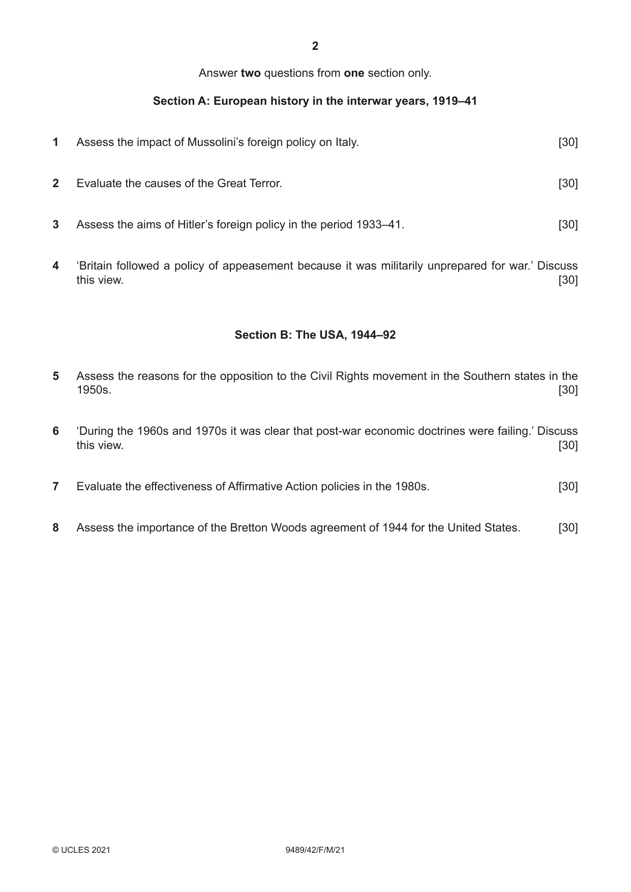 Cambridge A Level History 9489 2021 Feb/March Paper 4 · Variant 2 question paper, page 2 of 4