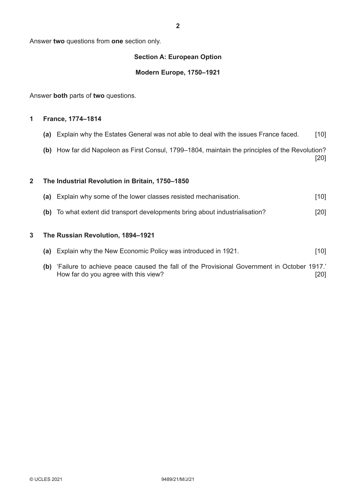 Cambridge A Level History 9489 2021 May/June Paper 2 · Variant 1 question paper, page 2 of 4