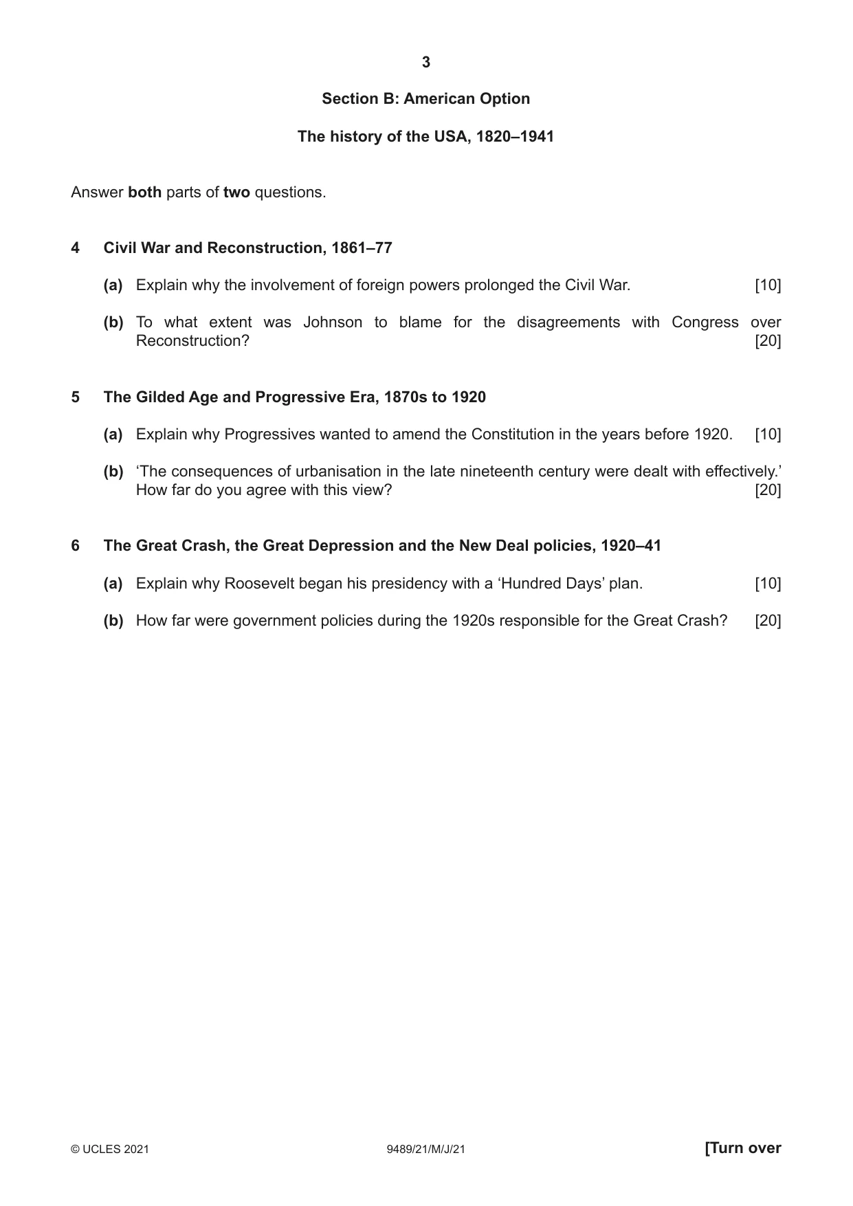Cambridge A Level History 9489 2021 May/June Paper 2 · Variant 1 question paper, page 3 of 4