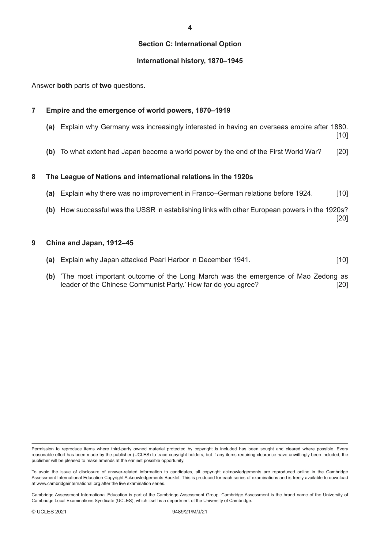 Cambridge A Level History 9489 2021 May/June Paper 2 · Variant 1 question paper, page 4 of 4