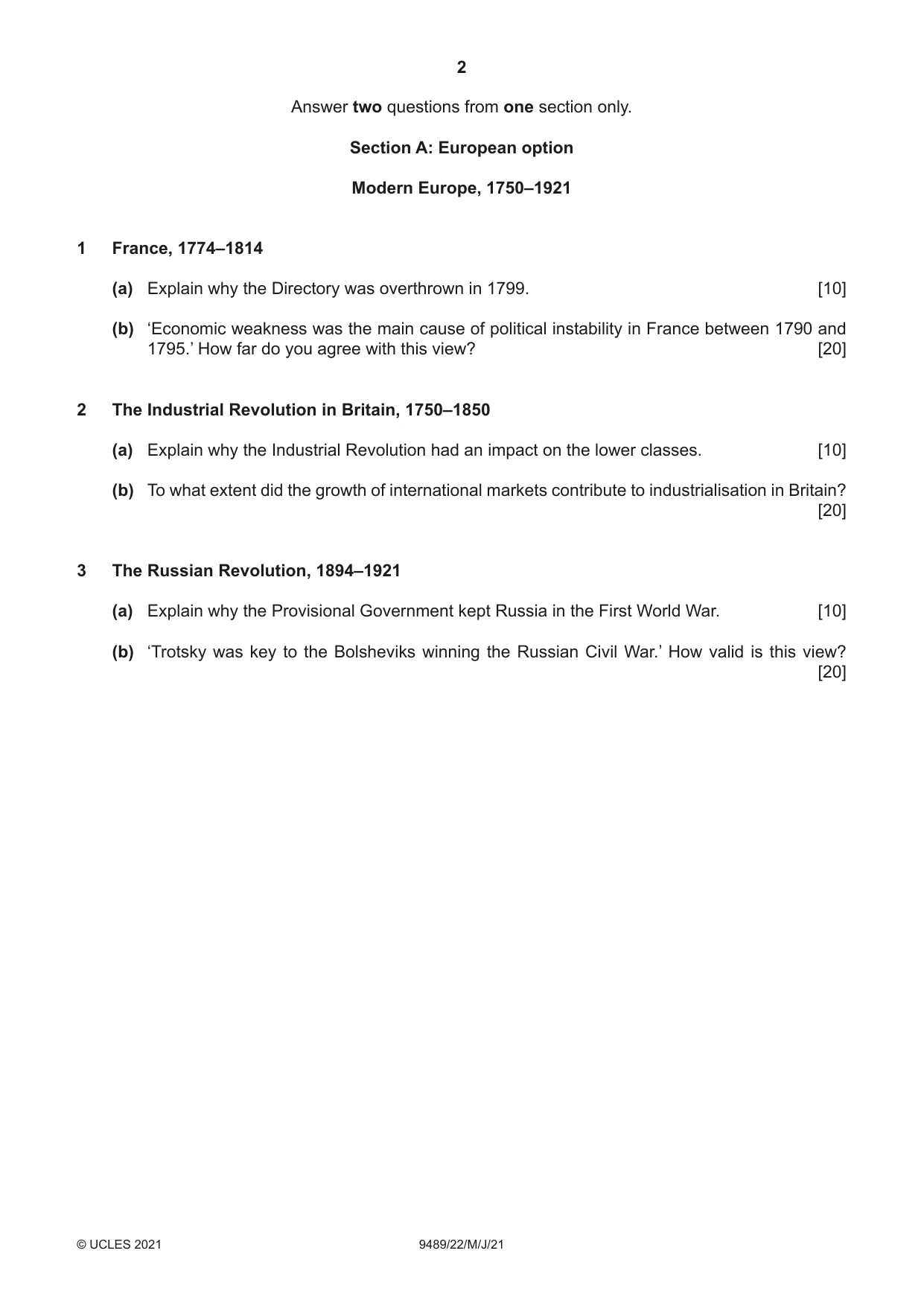 Cambridge A Level History 9489 2021 May/June Paper 2 · Variant 2 question paper, page 2 of 4