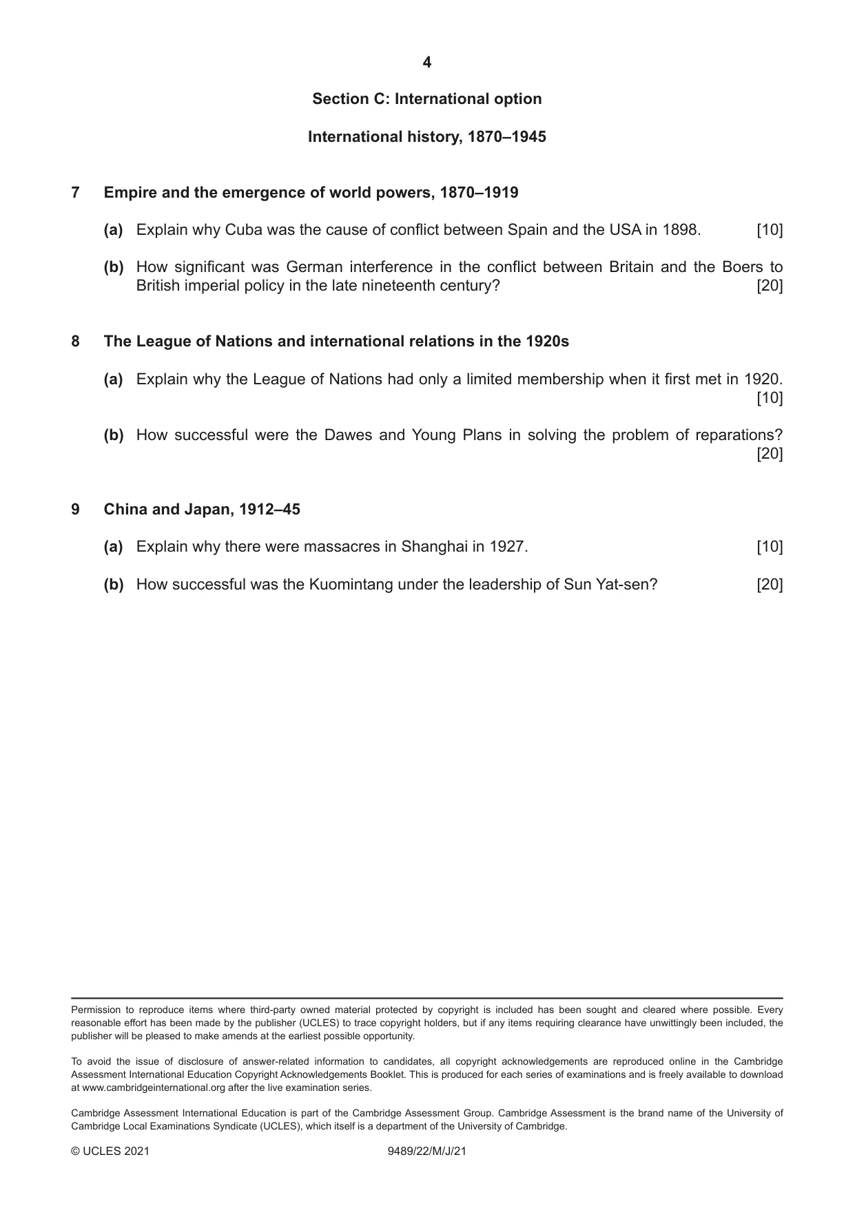 Cambridge A Level History 9489 2021 May/June Paper 2 · Variant 2 question paper, page 4 of 4