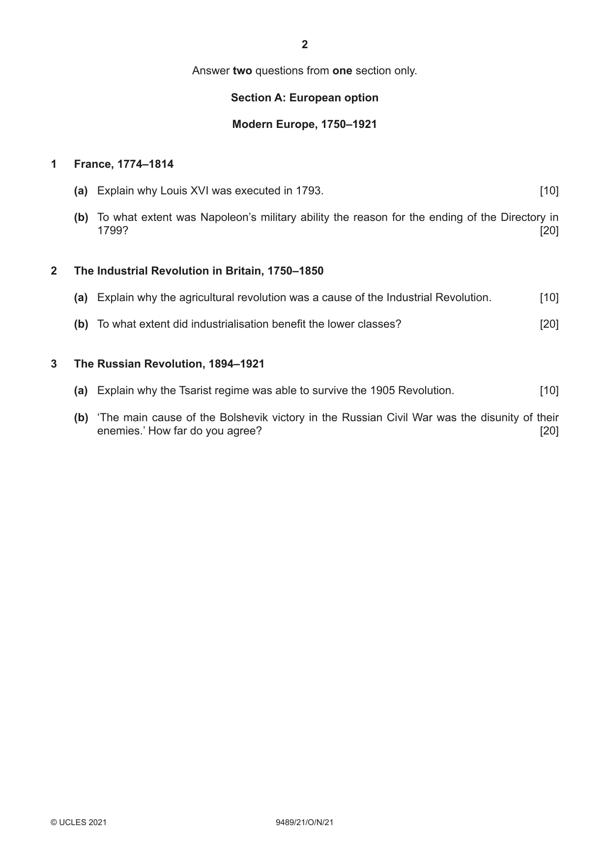 Cambridge A Level History 9489 2021 Oct/Nov Paper 2 · Variant 1 question paper, page 2 of 4