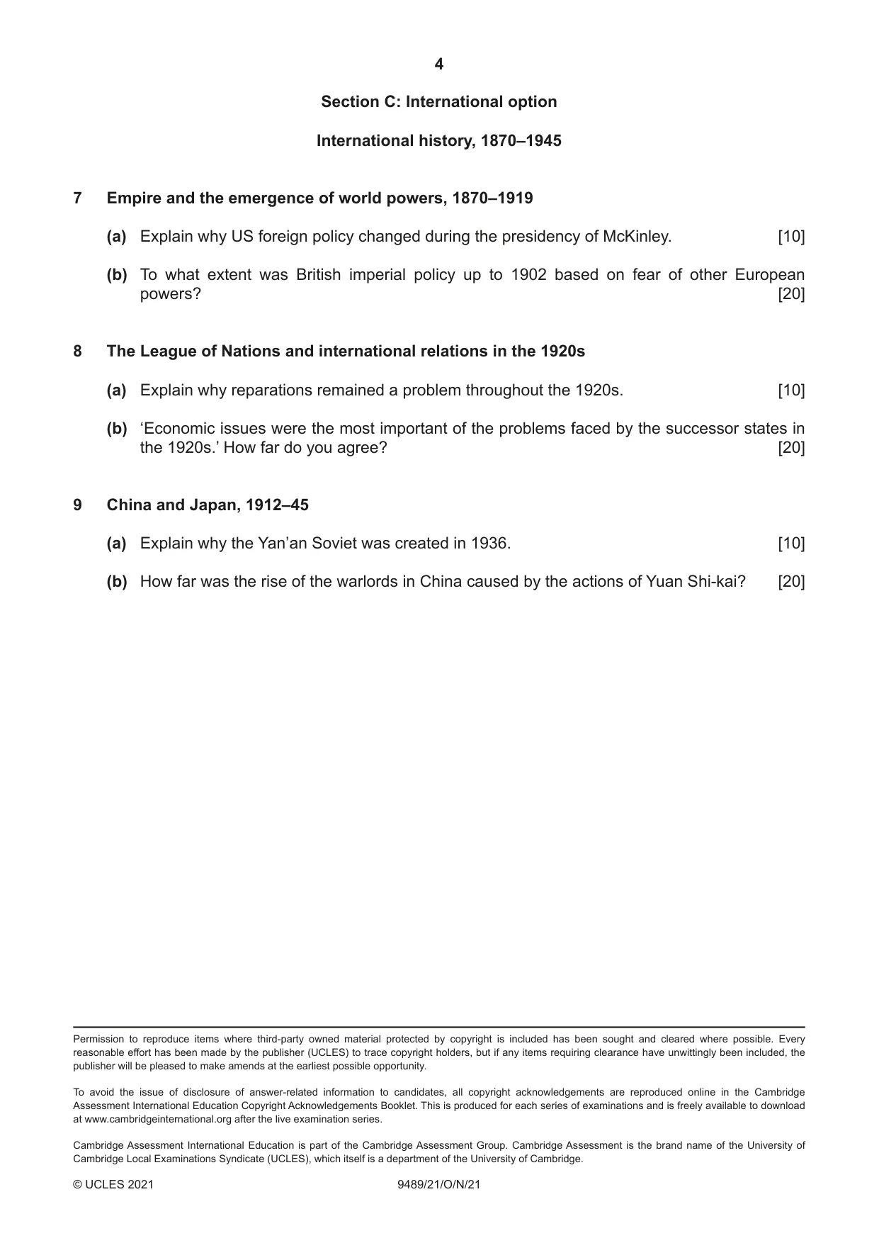 Cambridge A Level History 9489 2021 Oct/Nov Paper 2 · Variant 1 question paper, page 4 of 4