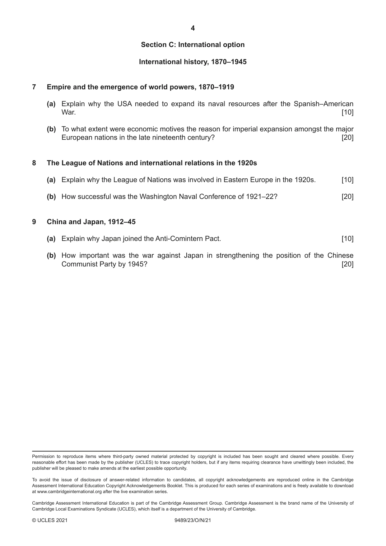 Cambridge A Level History 9489 2021 Oct/Nov Paper 2 · Variant 3 question paper, page 4 of 4