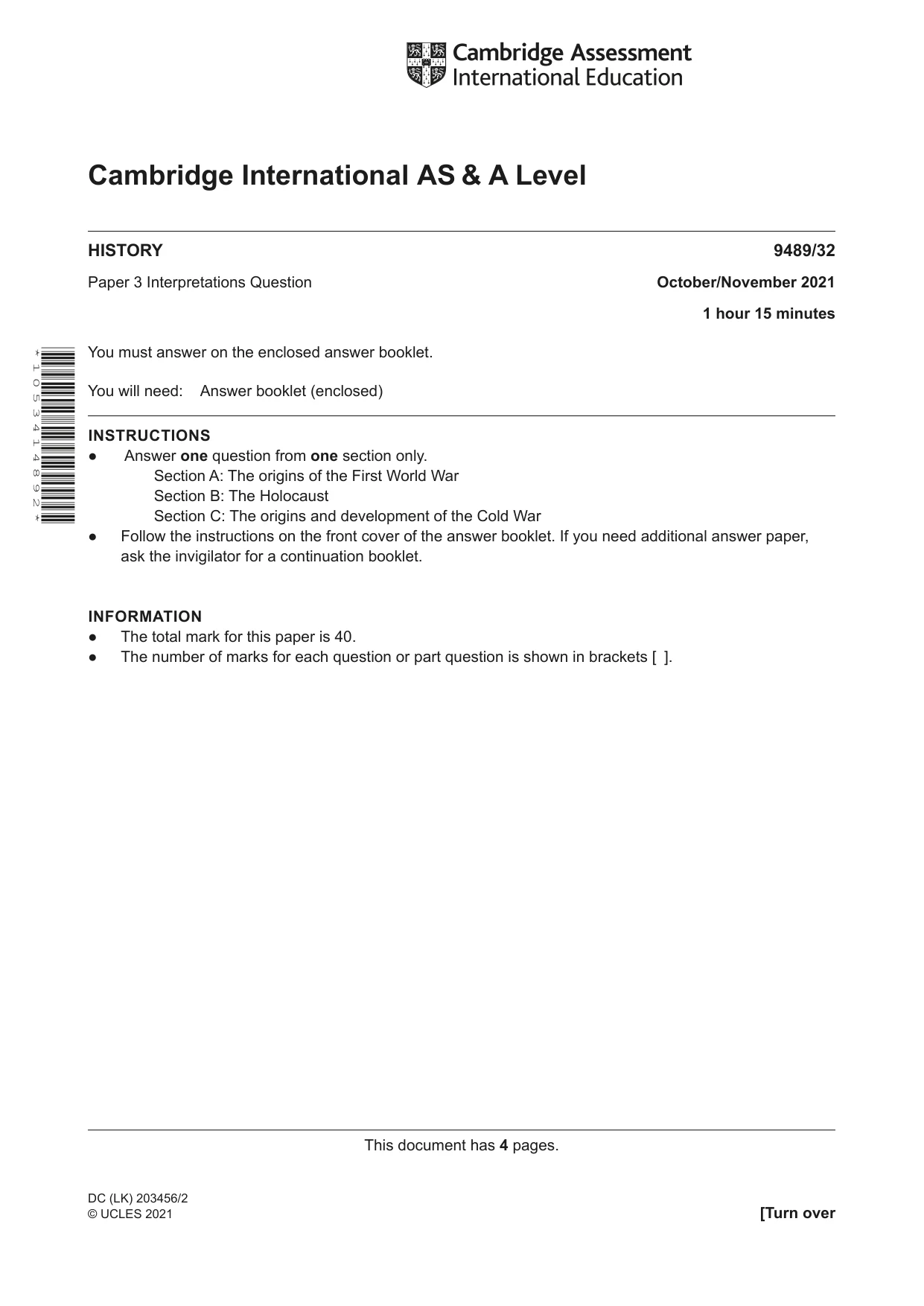 Cambridge A Level History 9489 2021 Oct/Nov Paper 3 · Variant 2 question paper, page 1 of 4