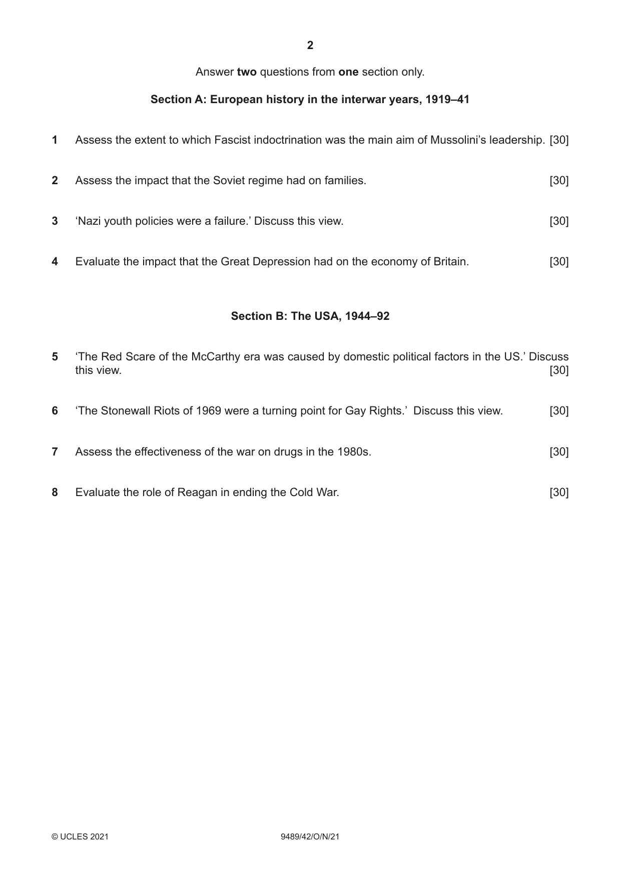 Cambridge A Level History 9489 2021 Oct/Nov Paper 4 · Variant 2 question paper, page 2 of 4