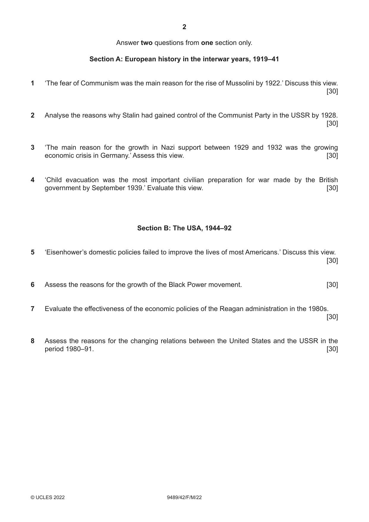 Cambridge A Level History 9489 2022 Feb/March Paper 4 · Variant 2 question paper, page 2 of 4