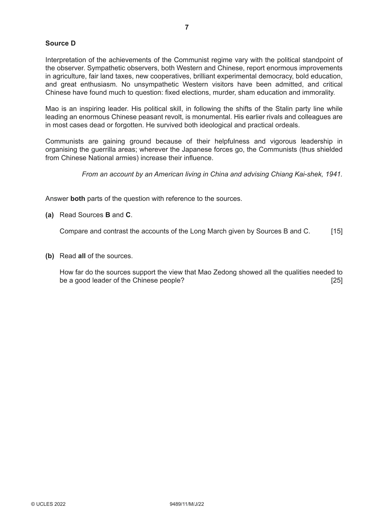 Cambridge A Level History 9489 2022 May/June Paper 1 · Variant 1 question paper, page 7 of 8