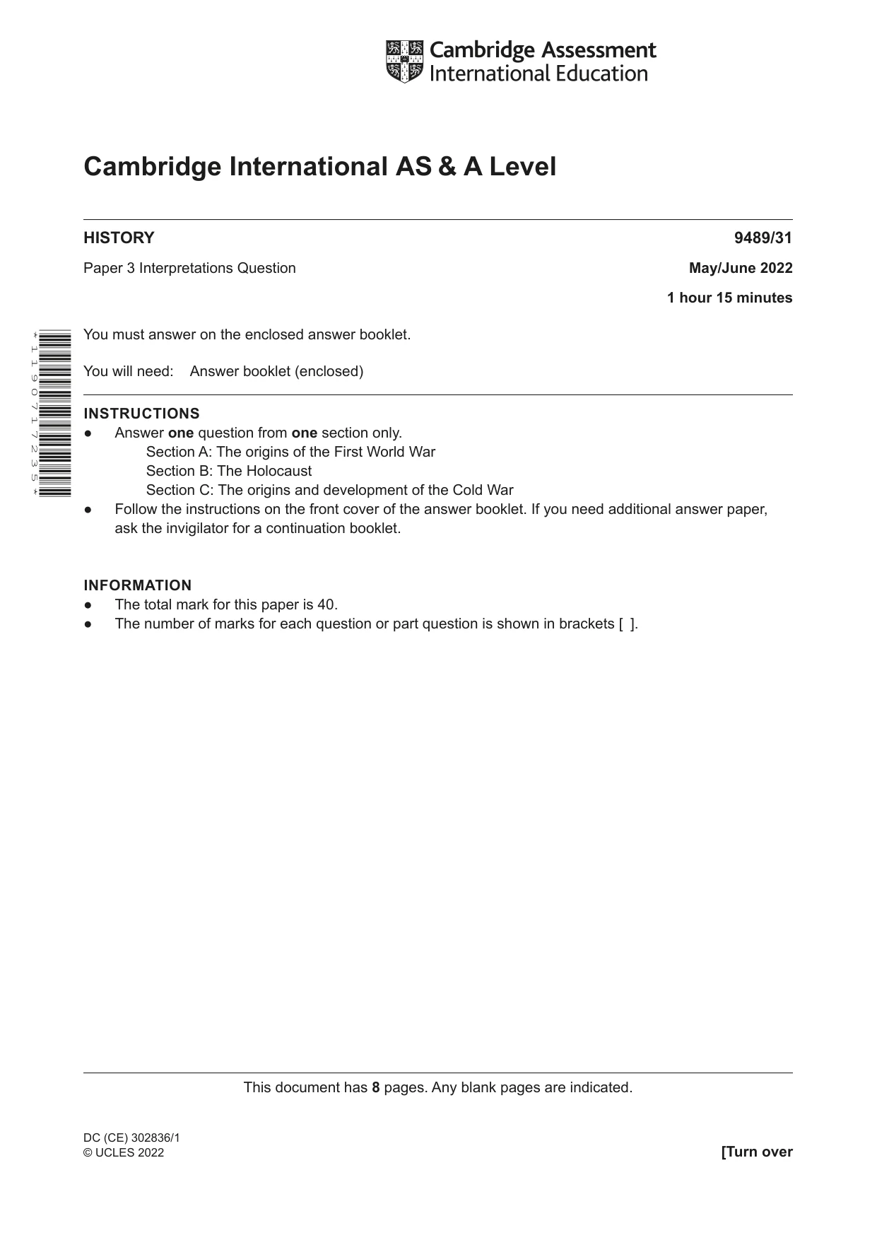 Cambridge A Level History 9489 2022 May/June Paper 3 · Variant 1 question paper, page 1 of 8