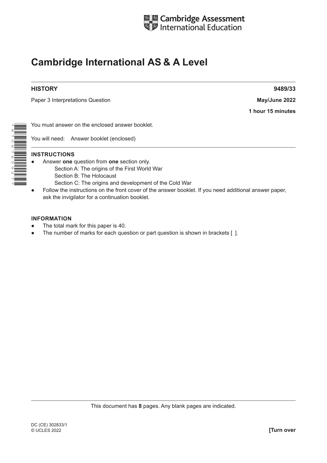 Cambridge A Level History 9489 2022 May/June Paper 3 · Variant 3 question paper, page 1 of 8