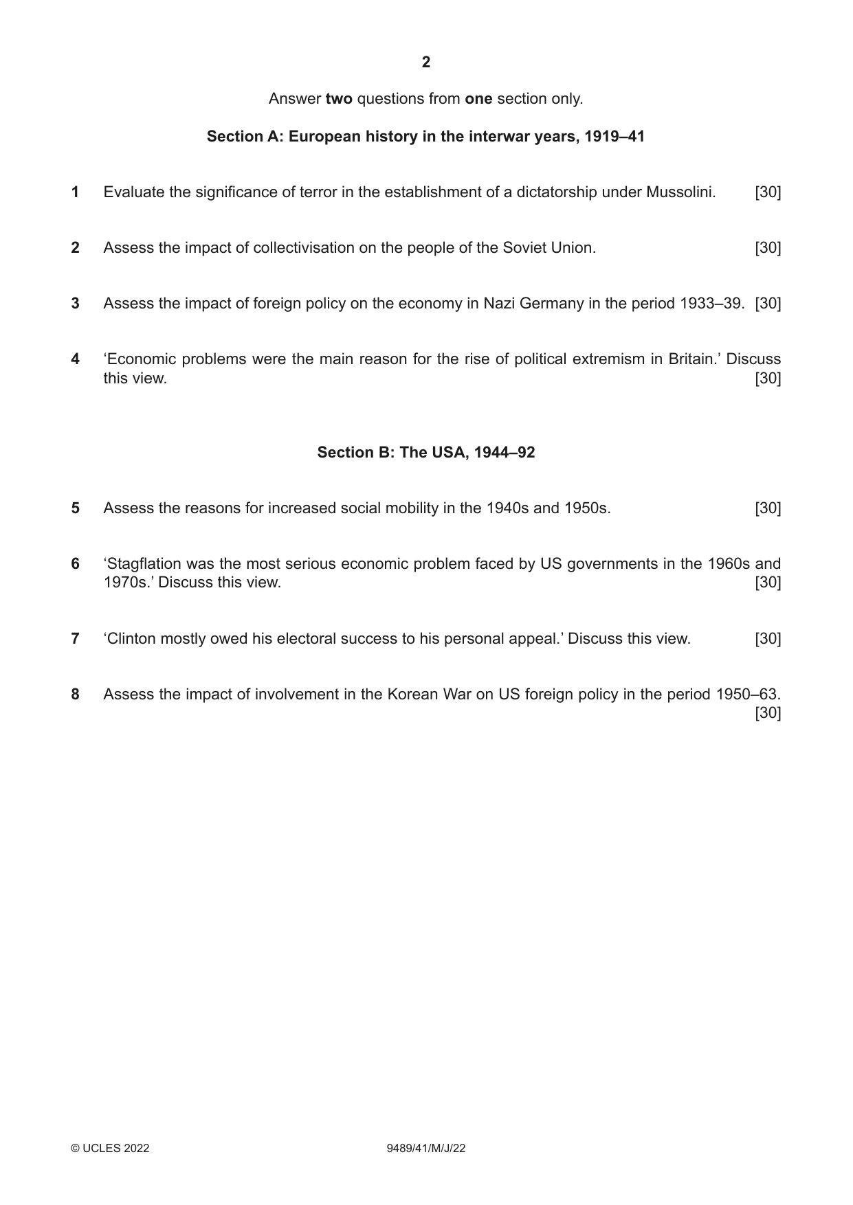 Cambridge A Level History 9489 2022 May/June Paper 4 · Variant 1 question paper, page 2 of 4