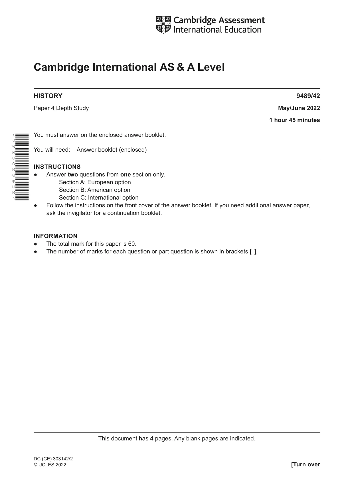 Cambridge A Level History 9489 2022 May/June Paper 4 · Variant 2 question paper, page 1 of 4